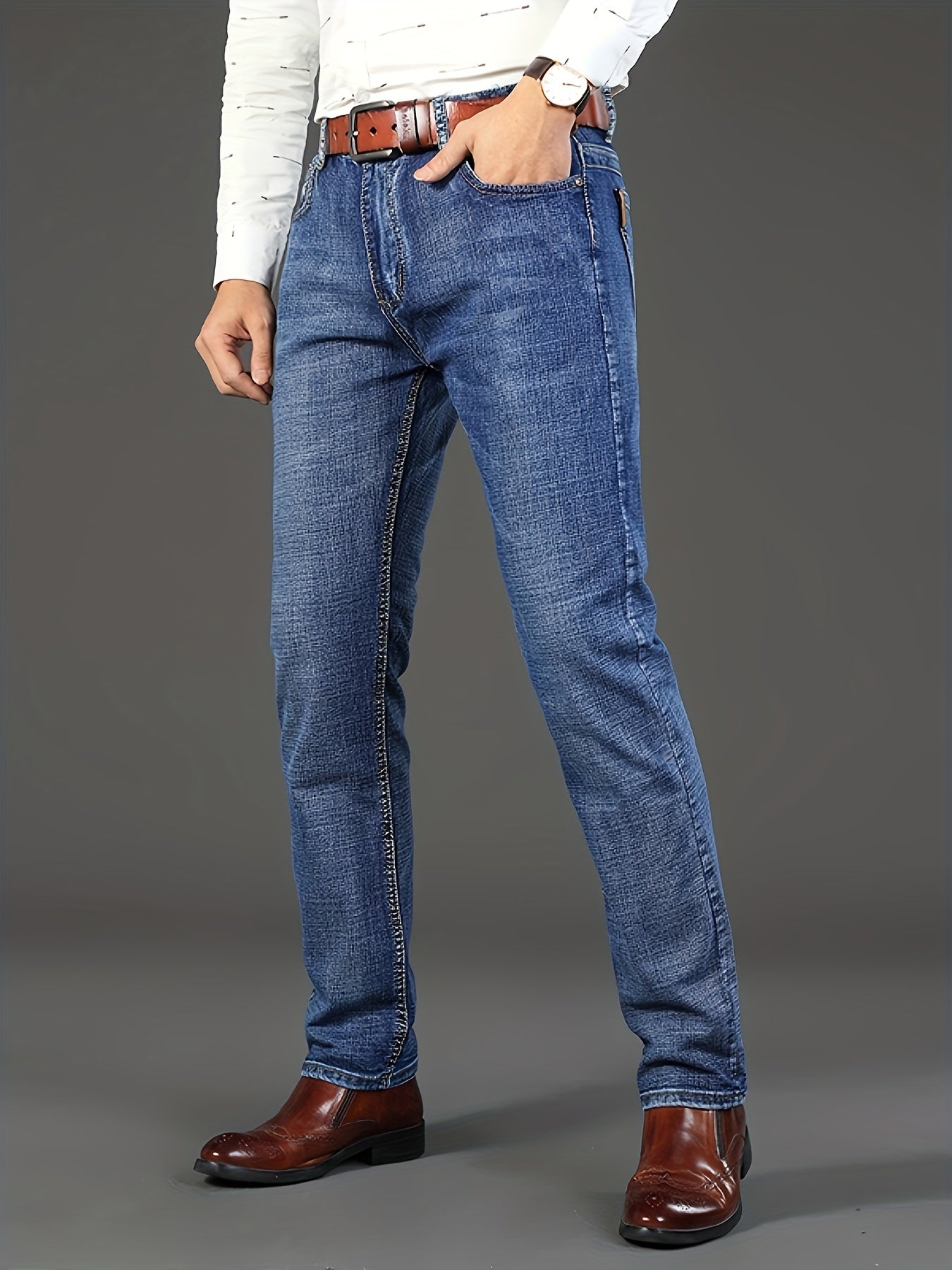 Men's Stretch Denim Trousers, Straight-Leg, Business Casual