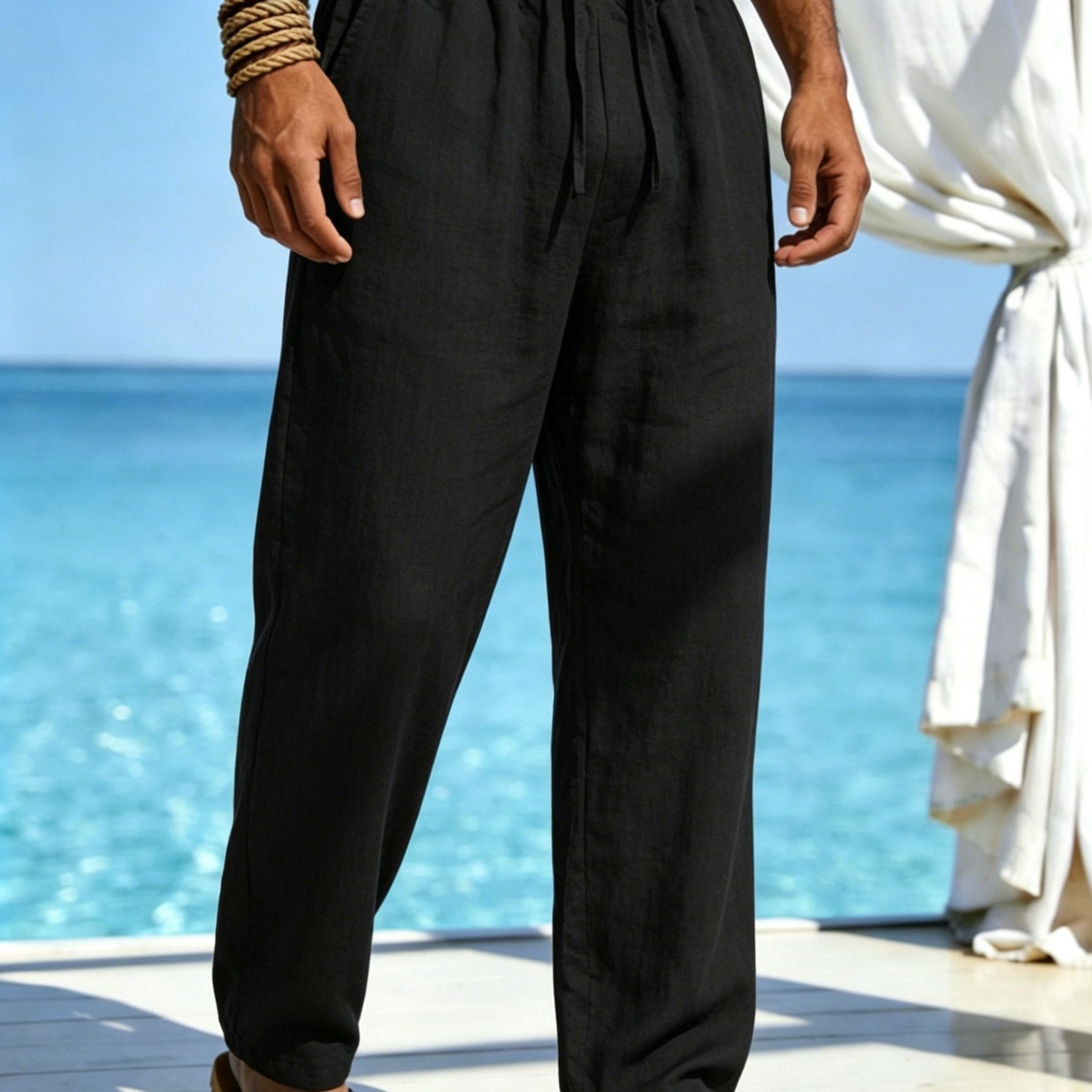 Men's Linen Pants, Drawstring, Relaxed Straight-Leg