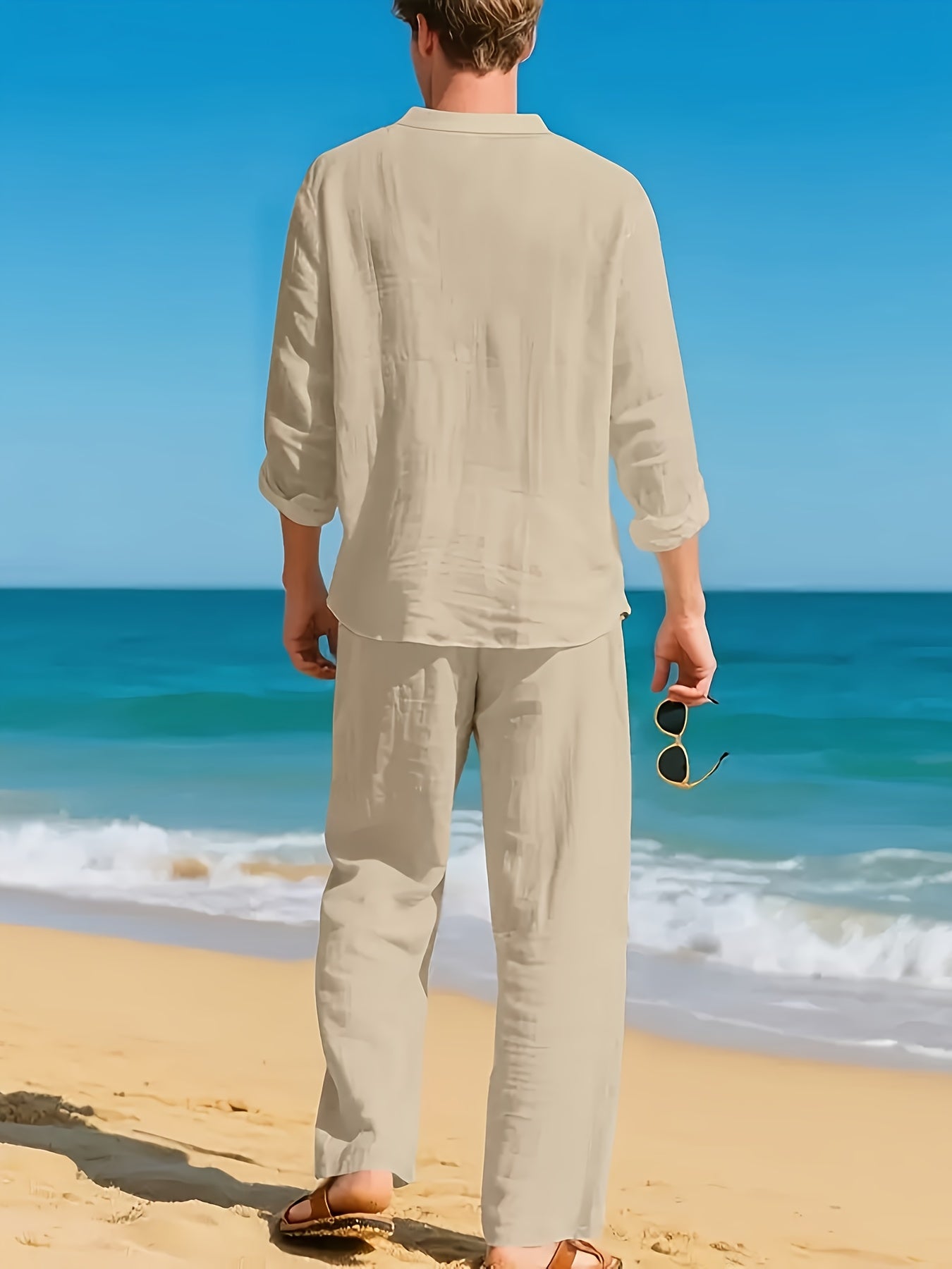 Men's Linen Shirt & Pants Set, V-Neck Long-Sleeve