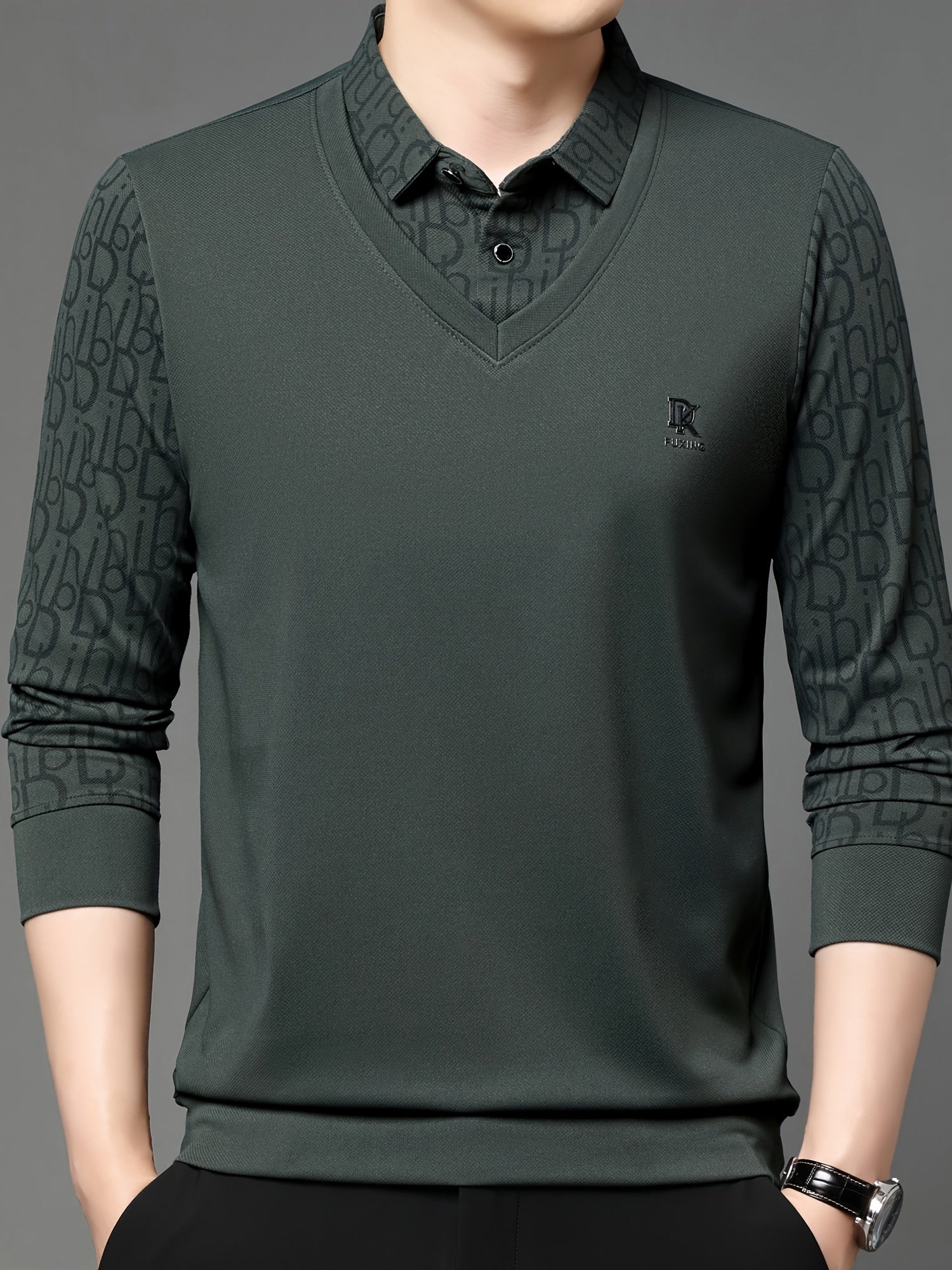 Men's Long-Sleeve Polo Shirt, Layered-Look Lapel