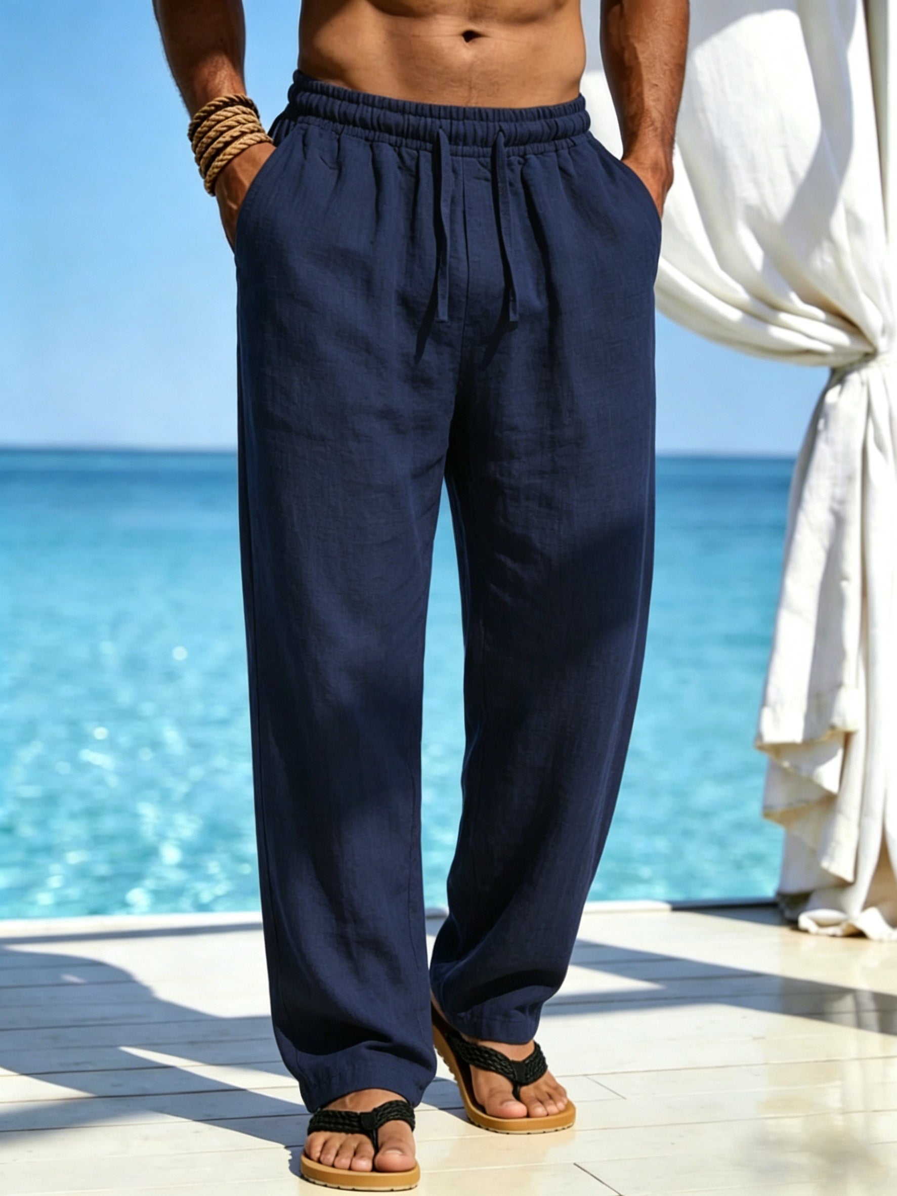 Men's Linen Pants, Drawstring, Relaxed Straight-Leg