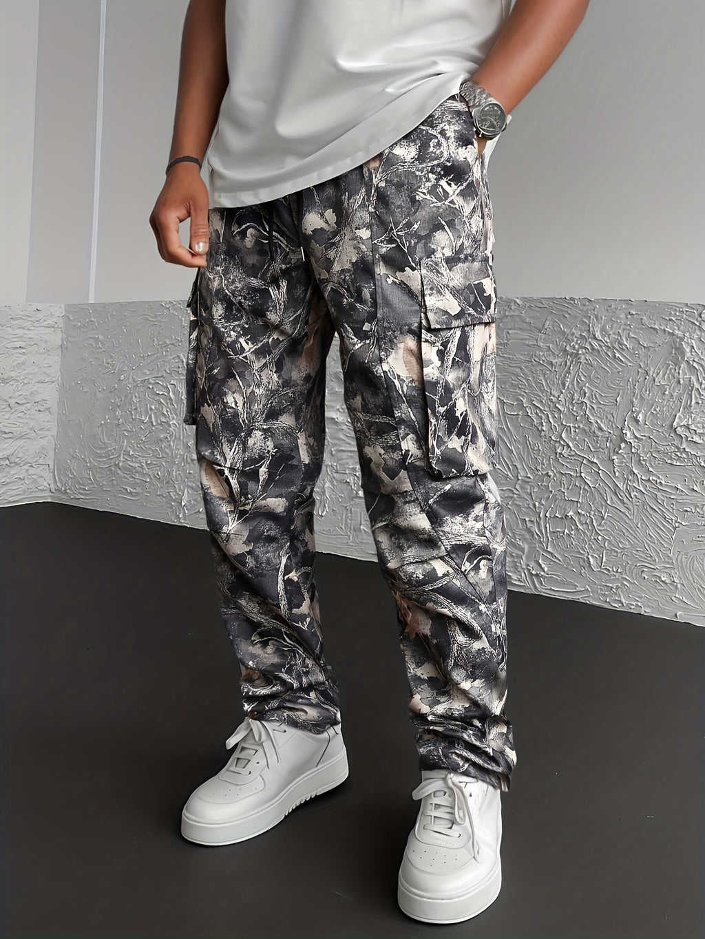 Men's Camo Cargo Pants, Flap Pockets, Drawstring Waist