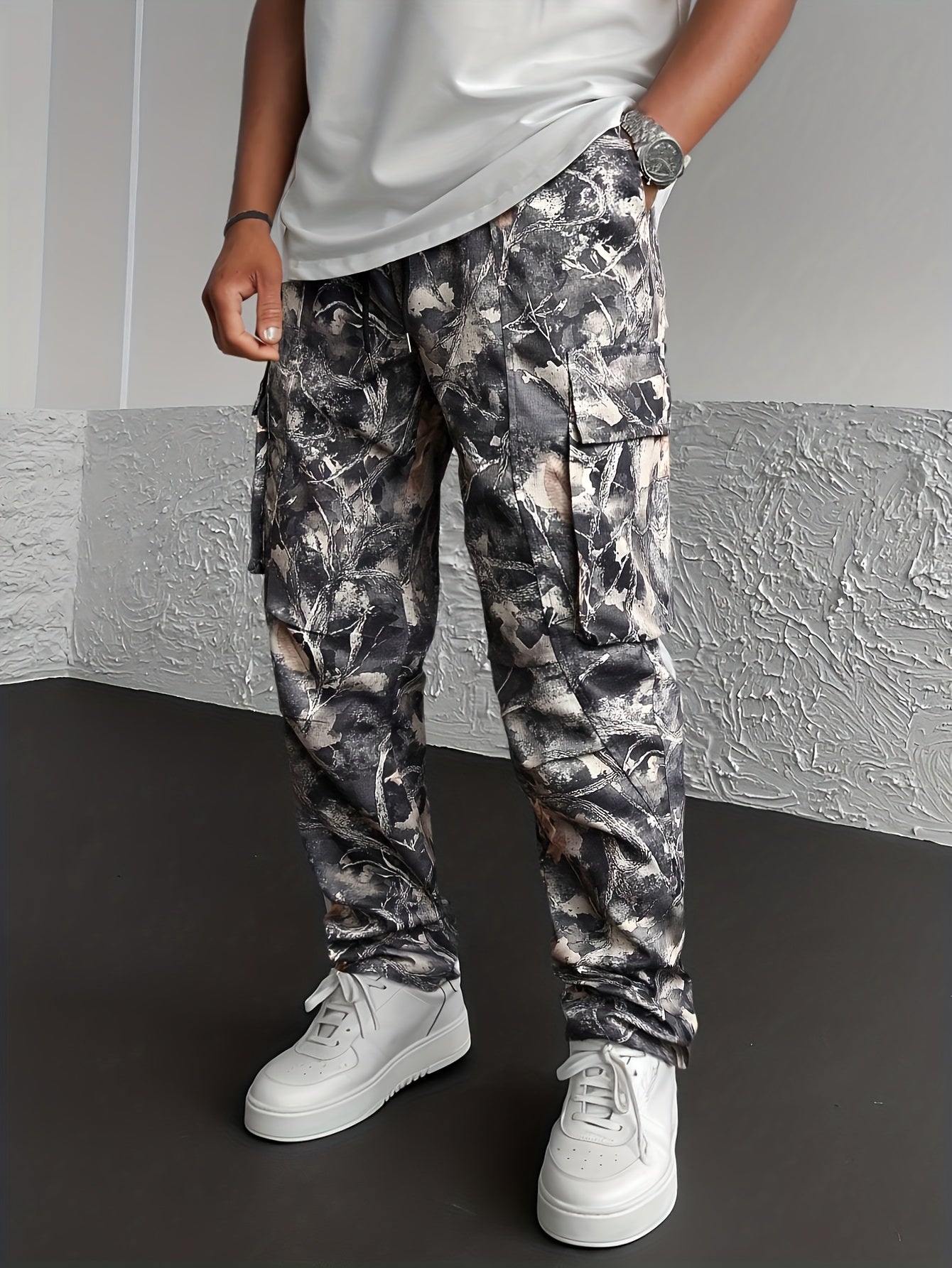Men's Camo Cargo Pants, Flap Pockets, Drawstring Waist