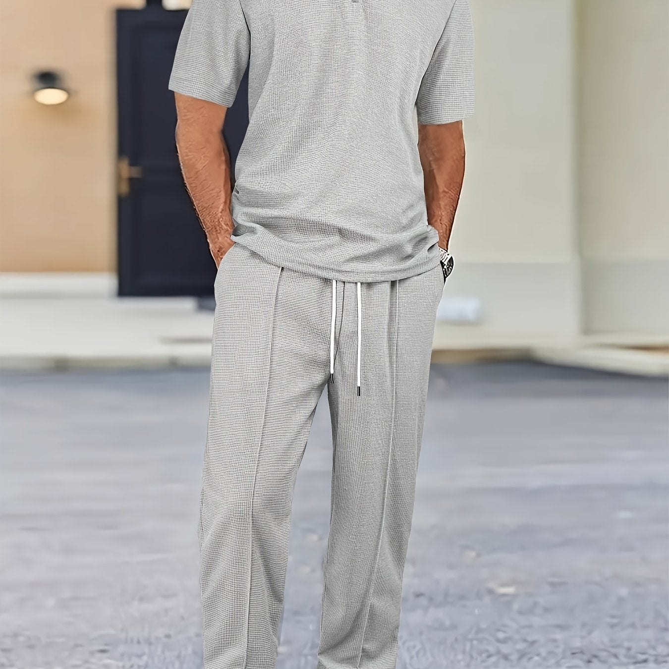 Men's Waffle-Knit Shirt & Pants Set, Zip Lapel