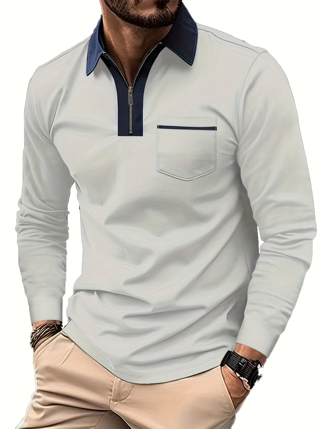 Men's Long-Sleeve Polo Shirt, Lapel Collar, Chest Pocket