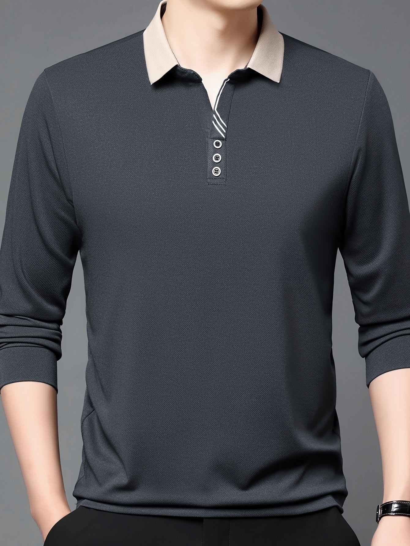 Men's Long-Sleeve Polo Shirt, Lapel Collar, Lightweight
