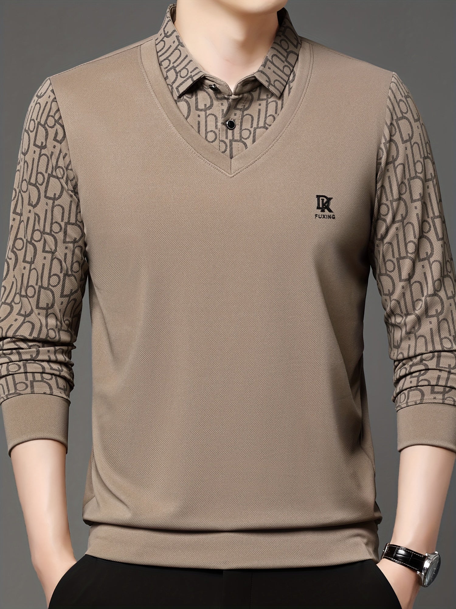Men's Long-Sleeve Polo Shirt, Layered-Look Lapel