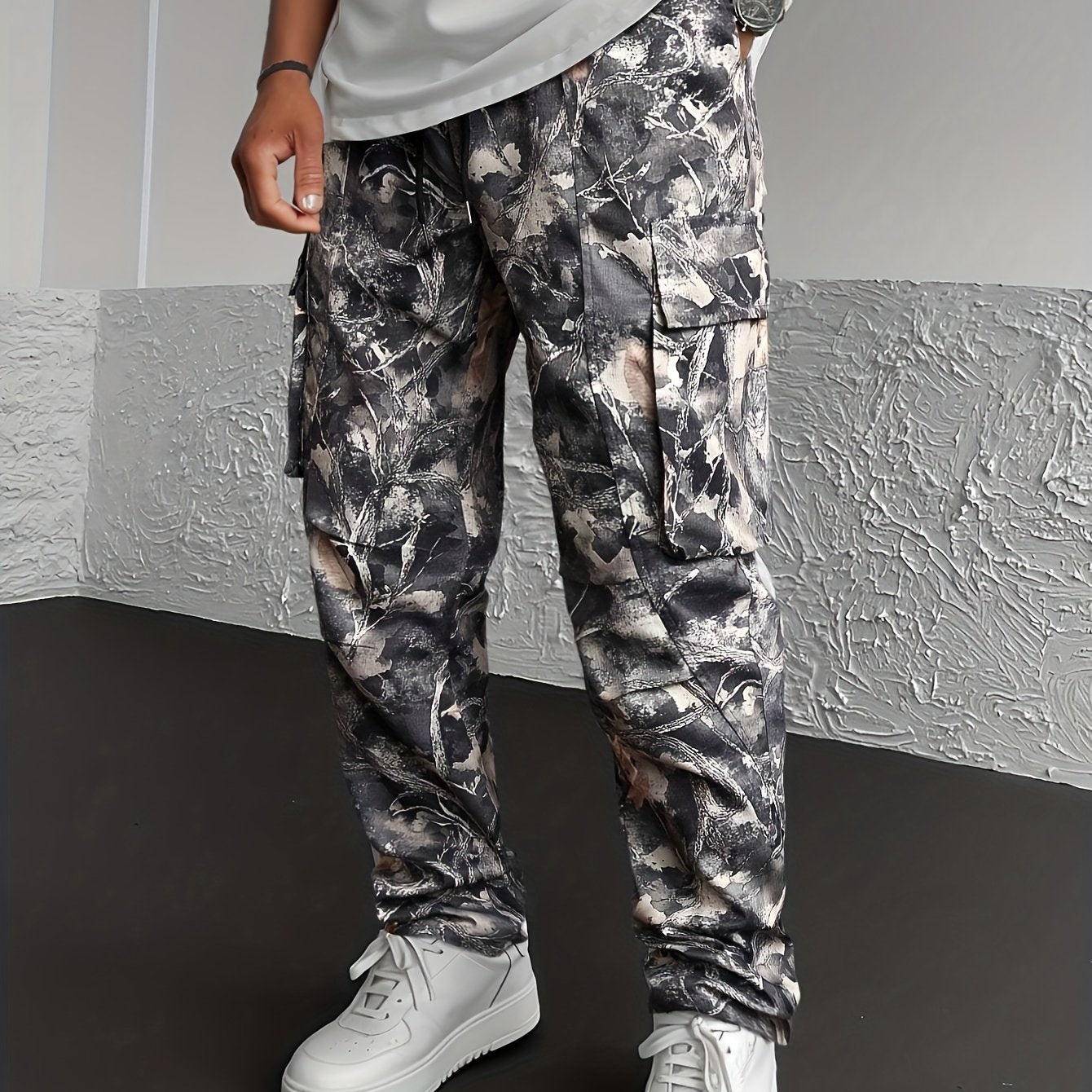 Men's Camo Cargo Pants, Flap Pockets, Drawstring Waist