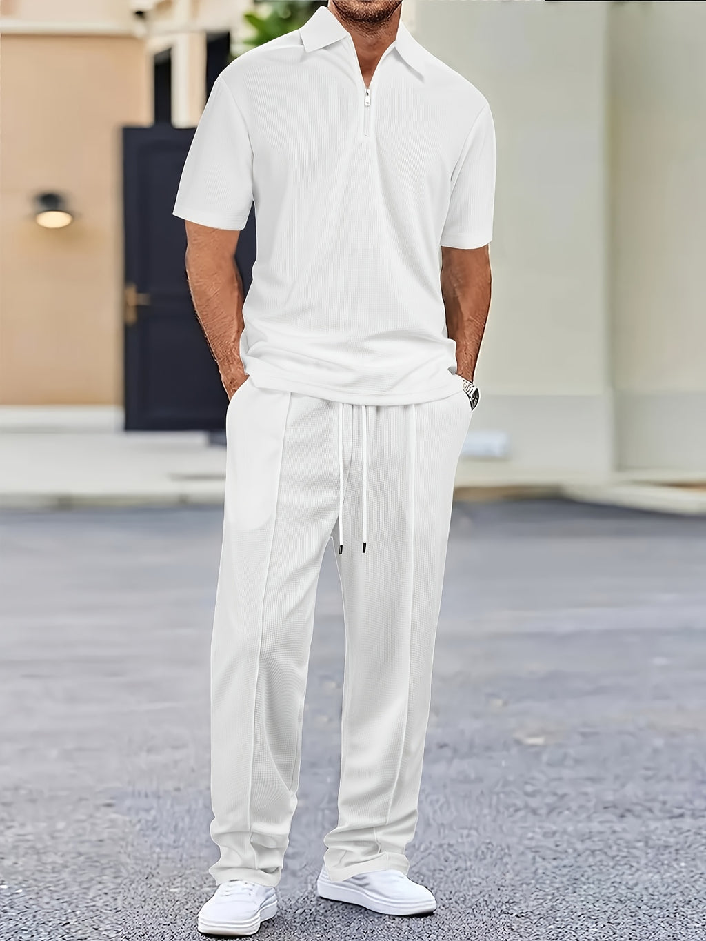 Men's Waffle-Knit Shirt & Pants Set, Zip Lapel