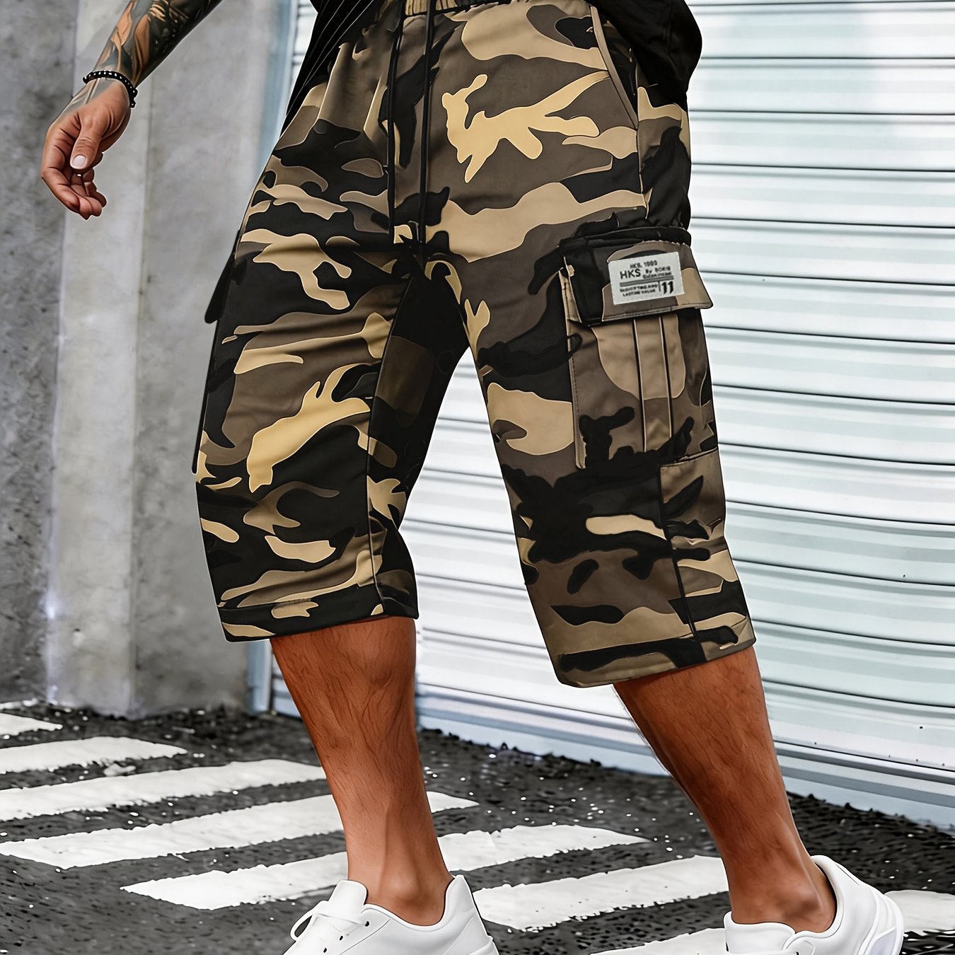 Men's Camo Cargo Capri Shorts, Multi-Pocket, Adjustable Waist