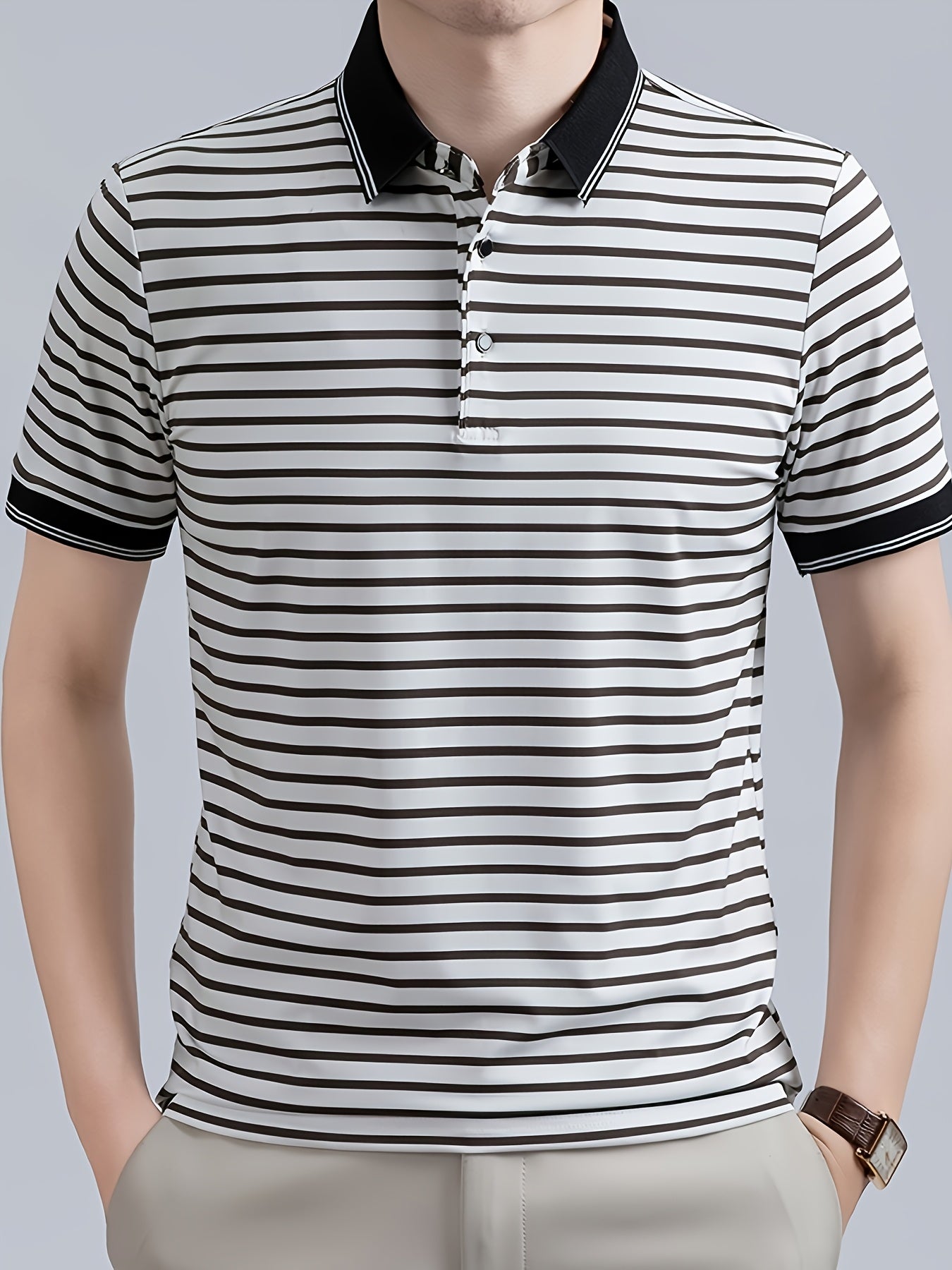 Men's Striped Polo Shirt, Short-Sleeve Lapel Collar