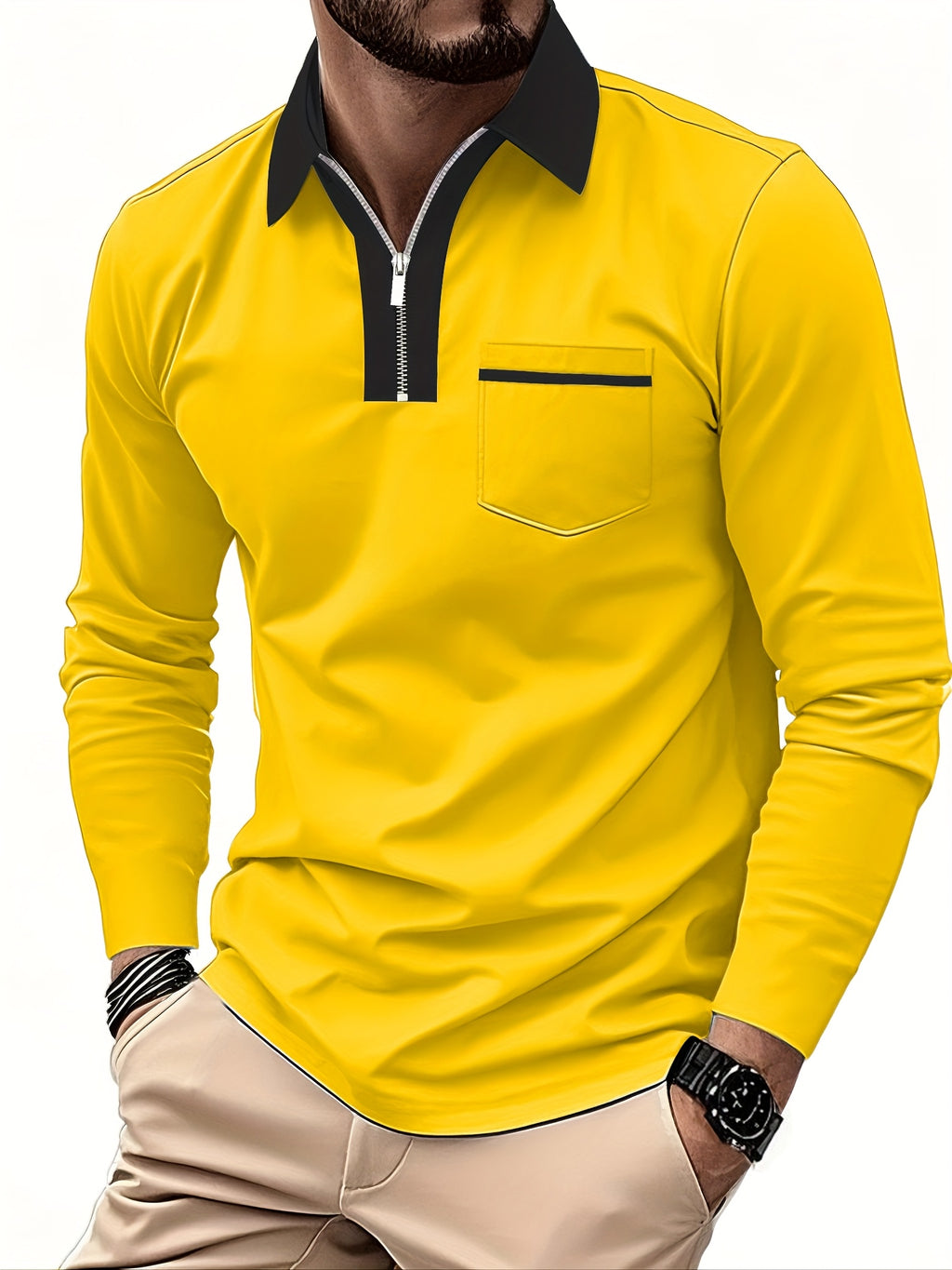 Men's Long-Sleeve Polo Shirt, Lapel Collar, Chest Pocket
