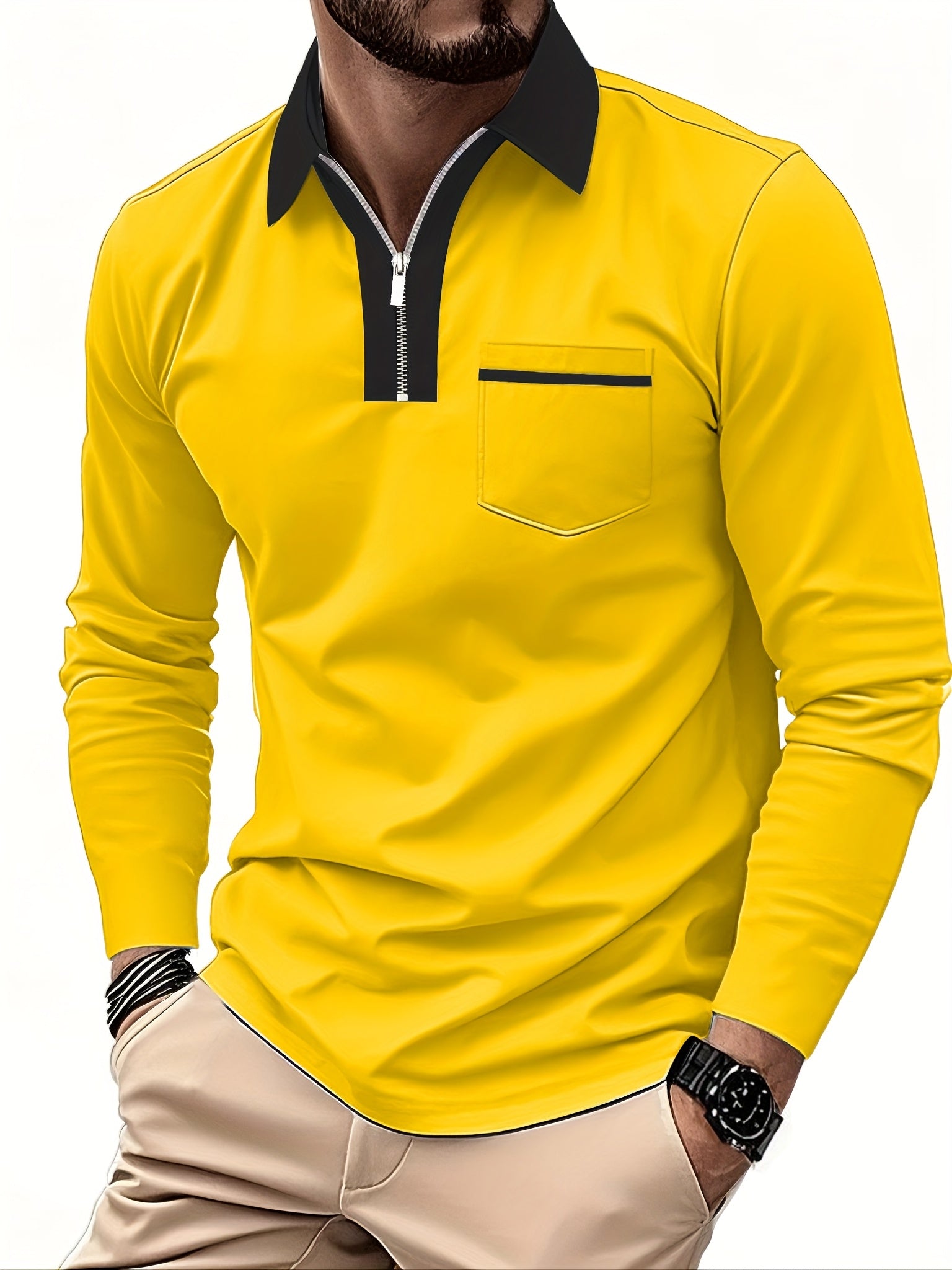 Men's Long-Sleeve Polo Shirt, Lapel Collar, Chest Pocket