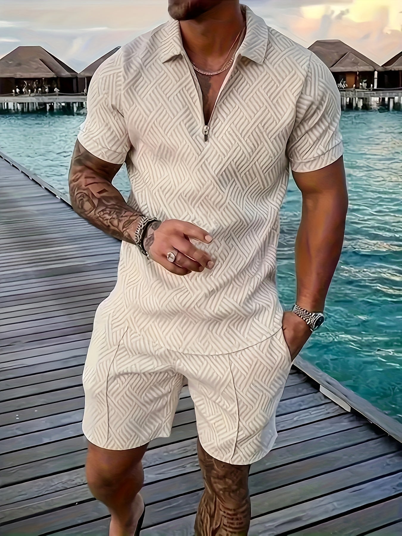 Men's Printed Shirt & Pants Set, Lapel Casual