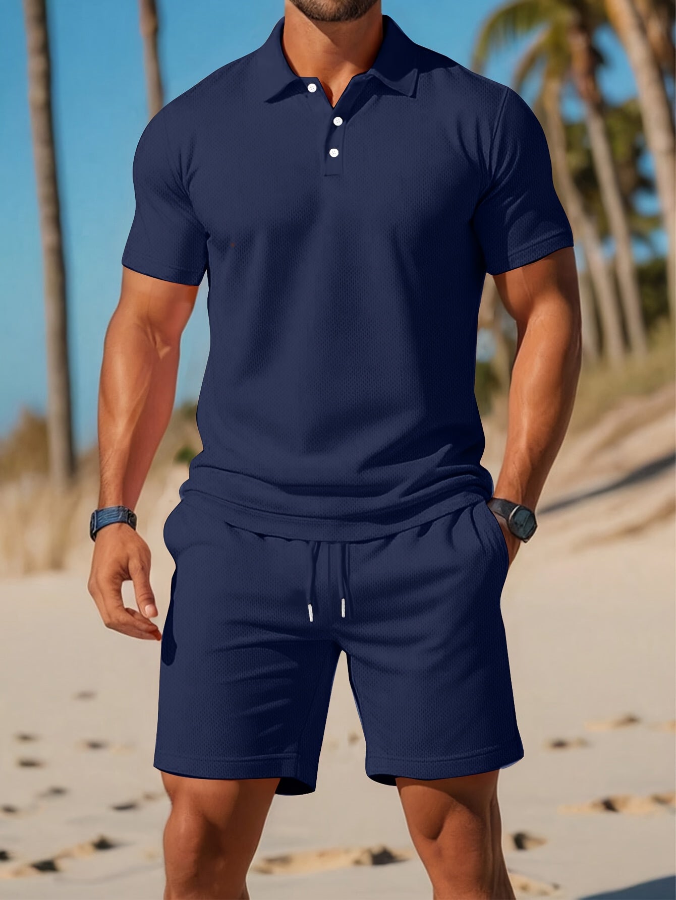 Men's Shirt & Shorts Set, Solid Business Casual