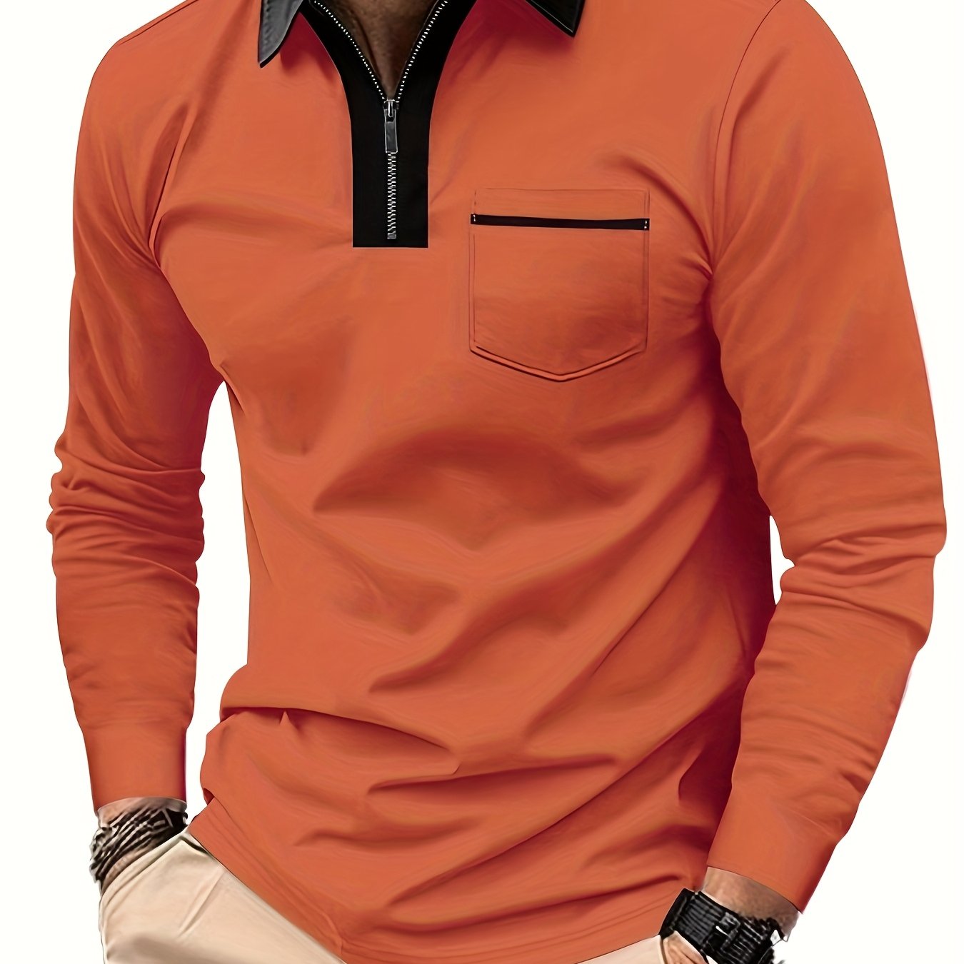Men's Long-Sleeve Polo Shirt, Lapel Collar, Chest Pocket