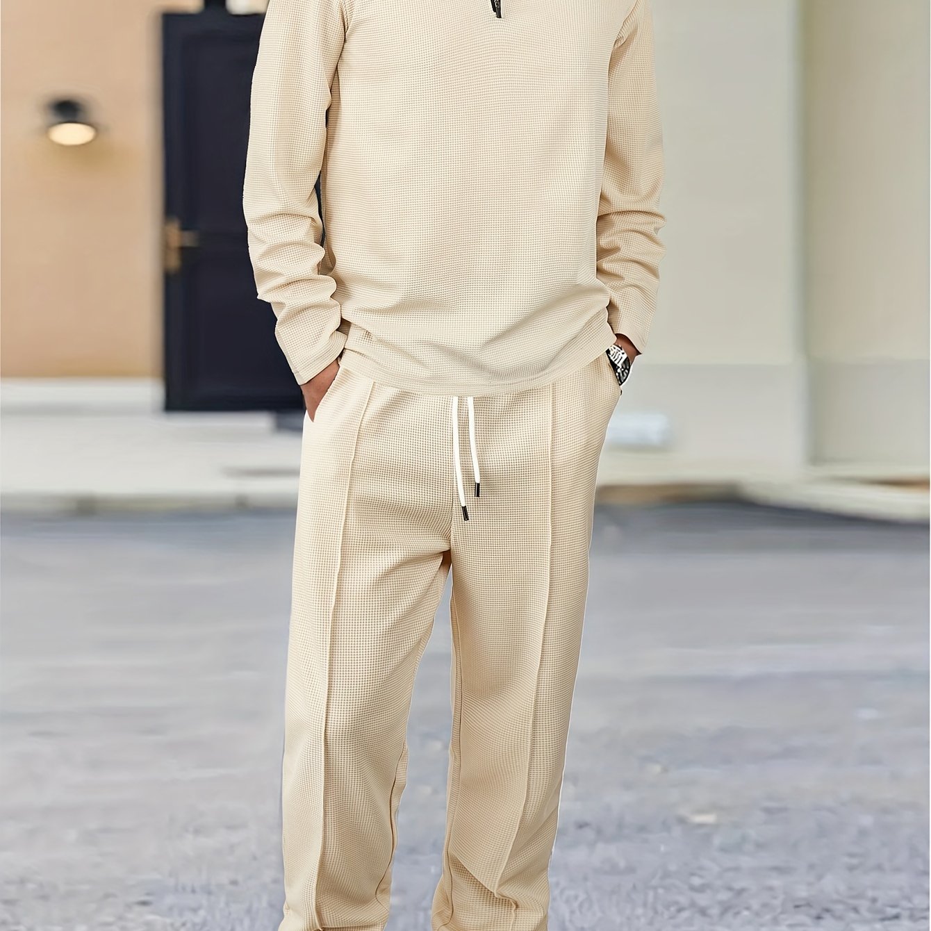 Men's Waffle-Knit Shirt & Pants Set, Long-Sleeve