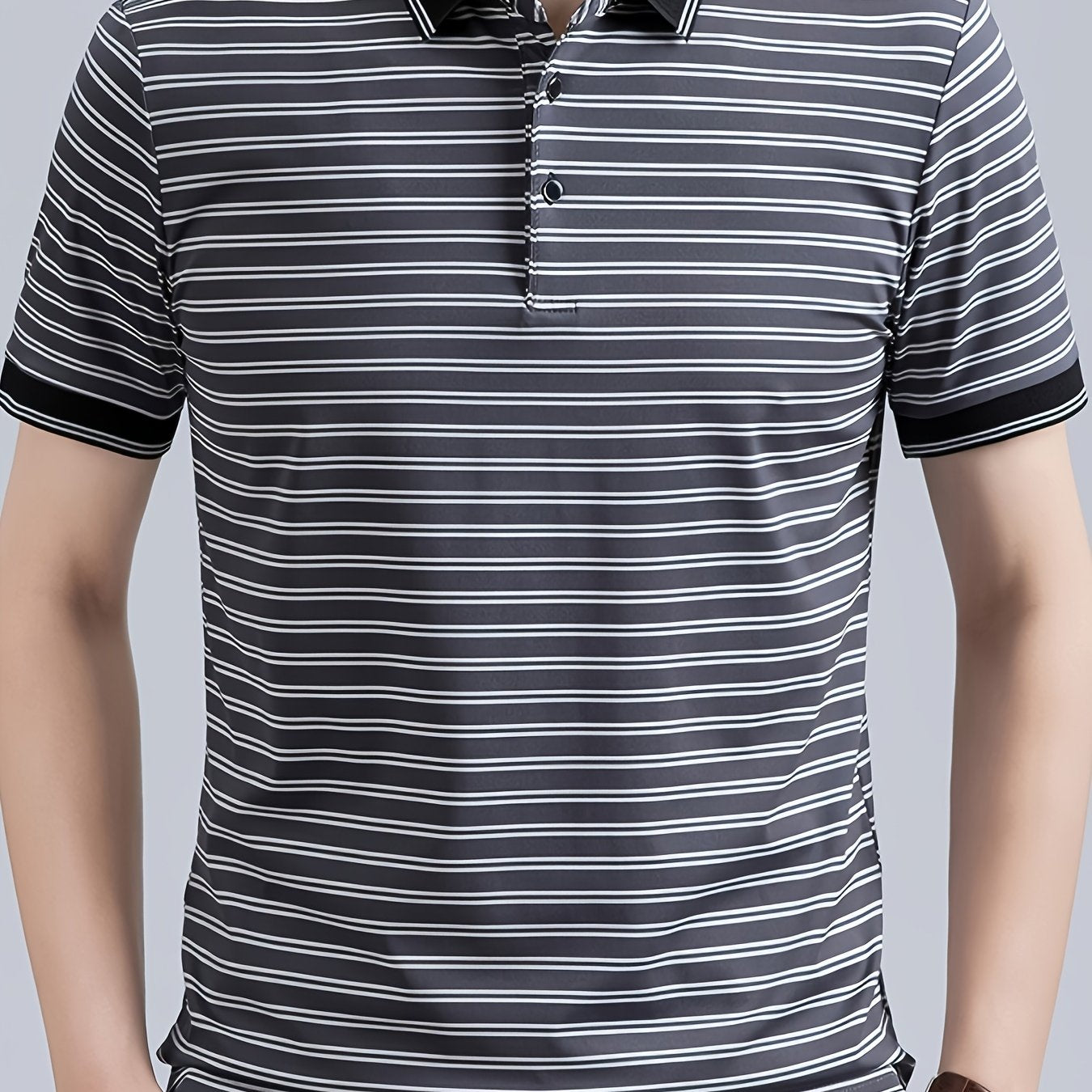 Men's Striped Lapel Polo Shirt, Contrast Short-Sleeve