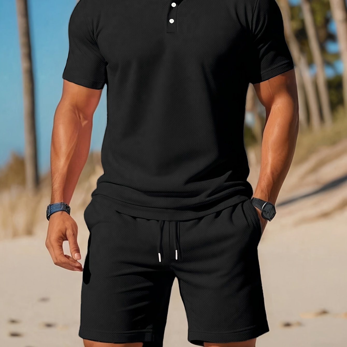 Men's Shirt & Shorts Set, Solid Business Casual