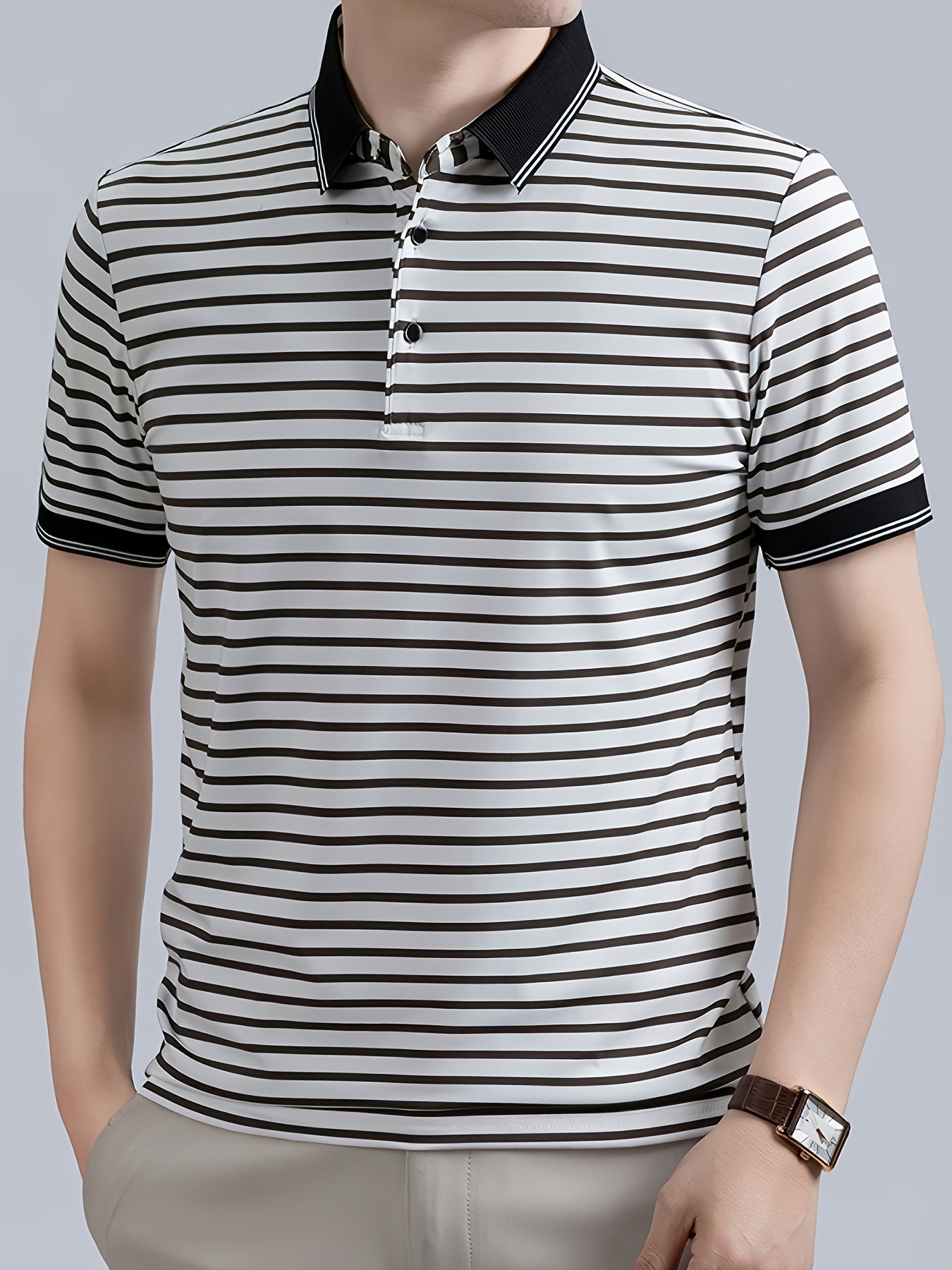 Men's Striped Polo Shirt, Short-Sleeve Lapel Collar