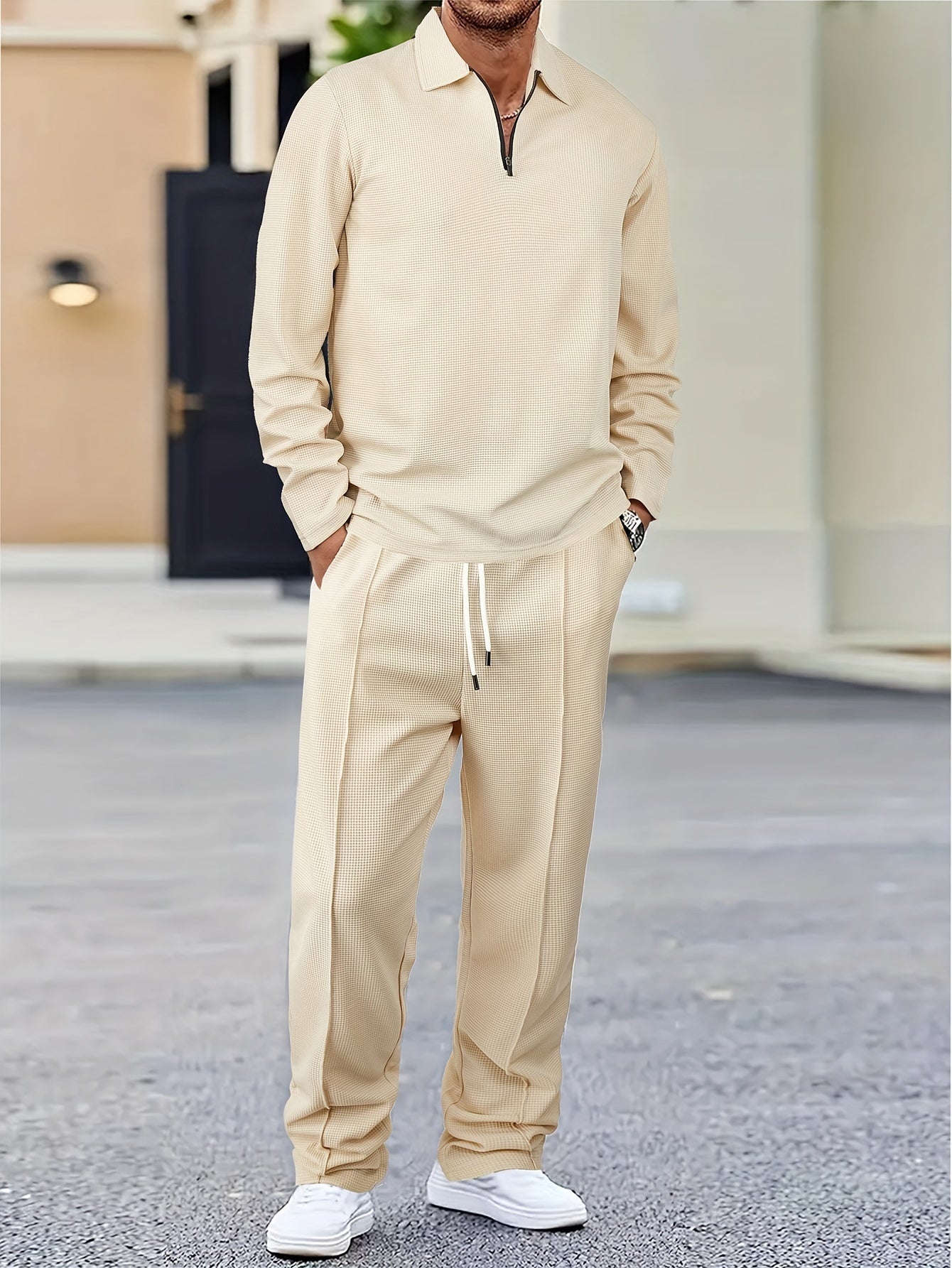 Men's Waffle-Knit Shirt & Pants Set, Long-Sleeve