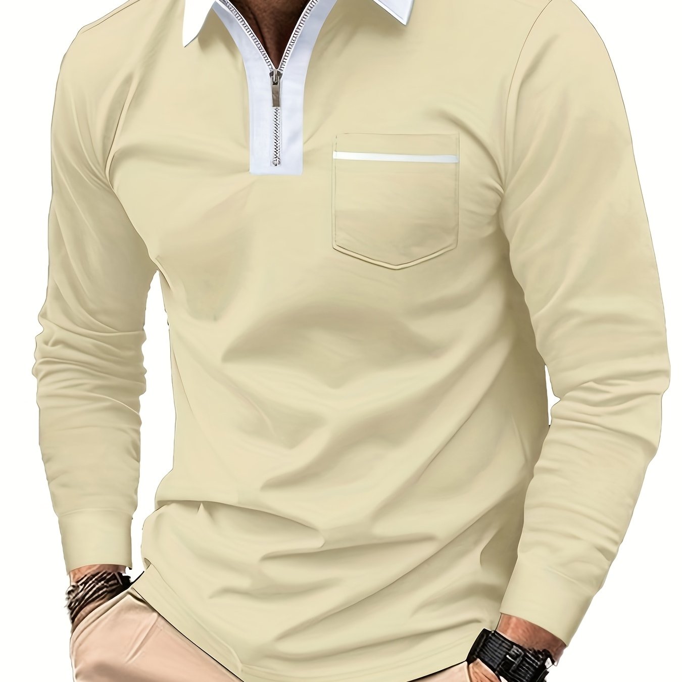 Men's Long-Sleeve Polo Shirt, Lapel Collar, Chest Pocket