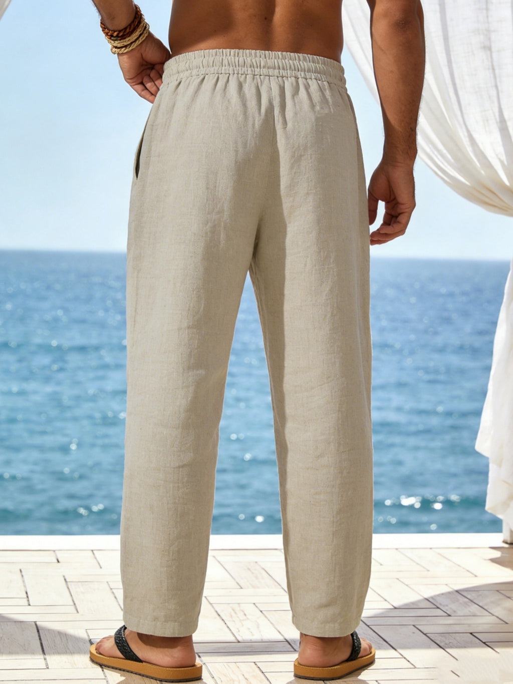 Men's Linen Pants, Drawstring, Relaxed Straight-Leg