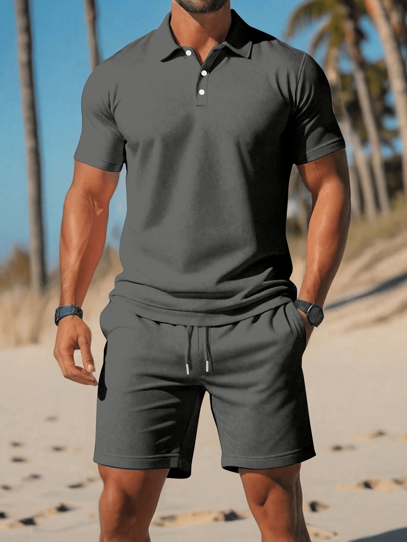 Men's Shirt & Shorts Set, Solid Business Casual