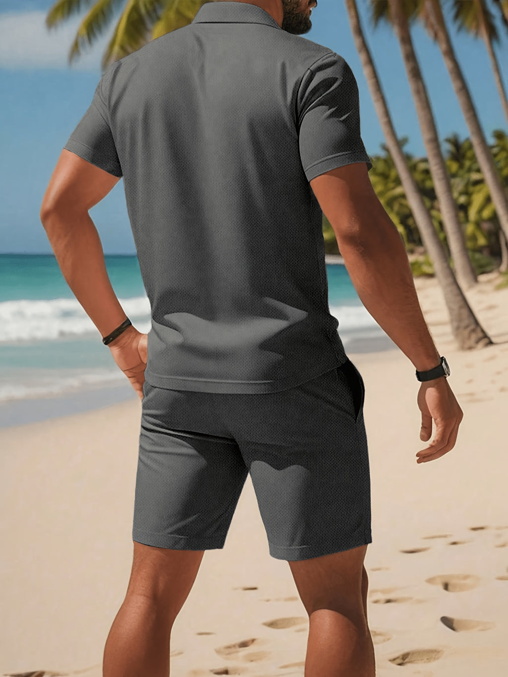 Men's Shirt & Shorts Set, Solid Business Casual
