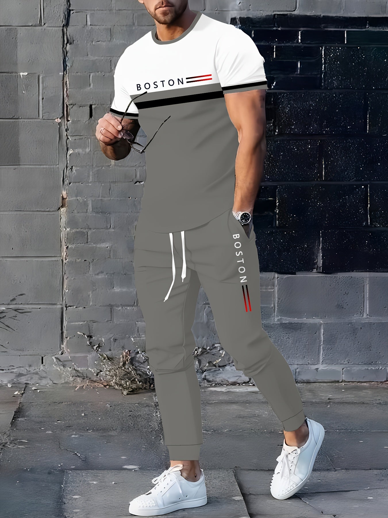 Men's Printed T-Shirt & Pants Set, Casual