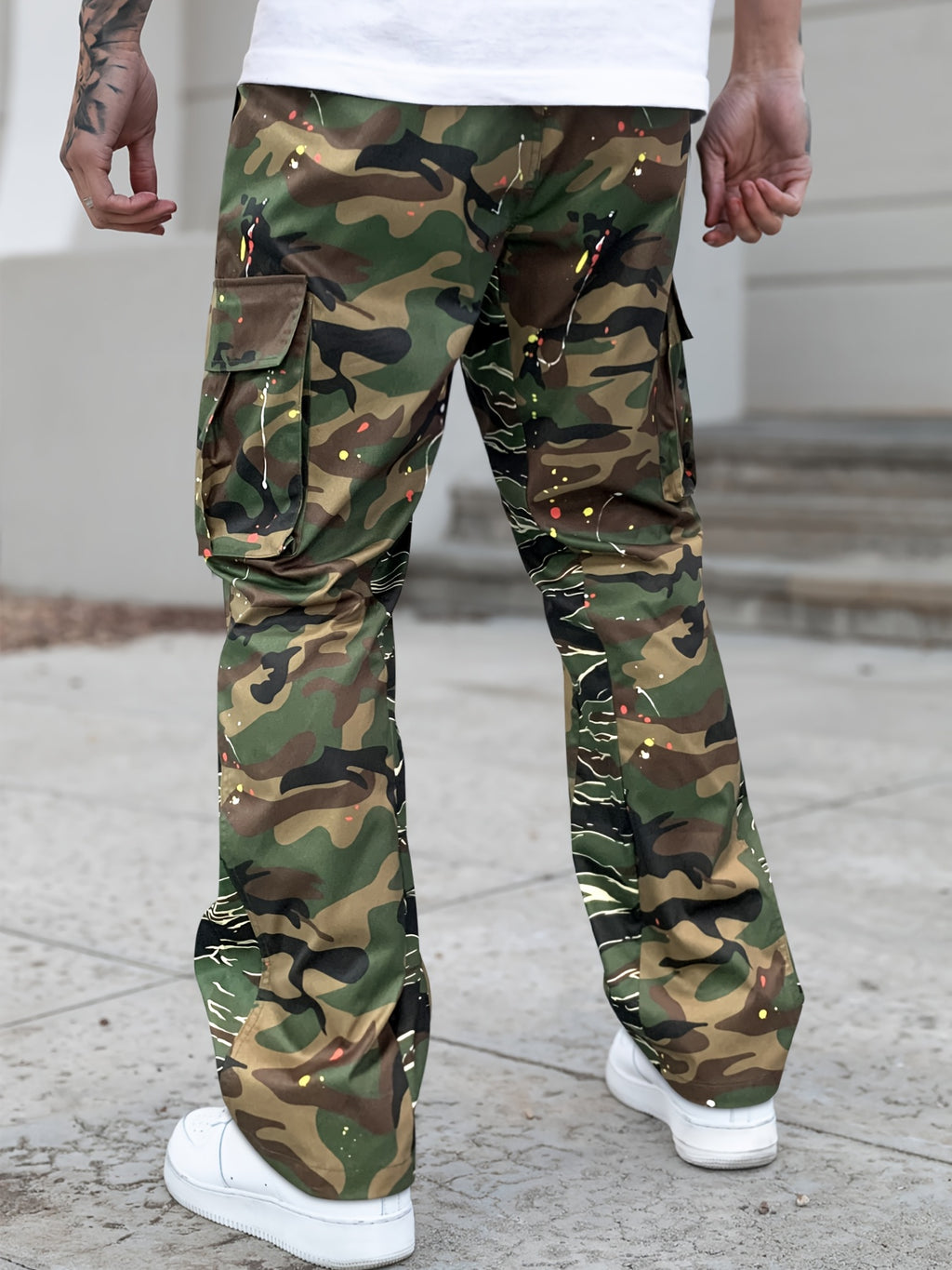 Men's Flare-Leg Cargo Pants, Printed, Elastic Waist