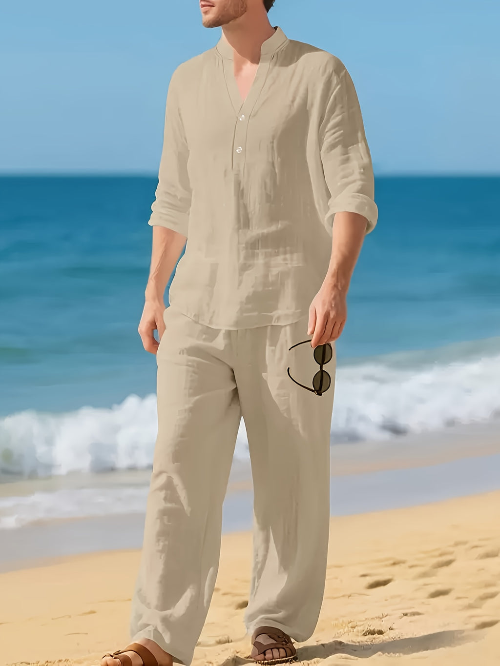Men's Linen Shirt & Pants Set, V-Neck Long-Sleeve