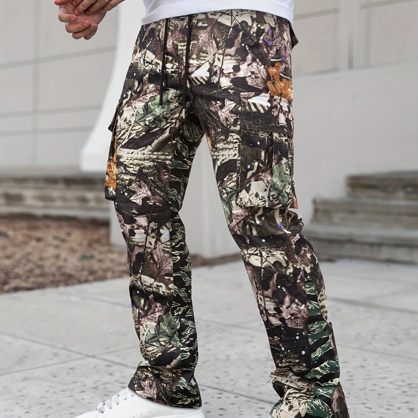Men's Flare-Leg Cargo Pants, Printed, Elastic Waist