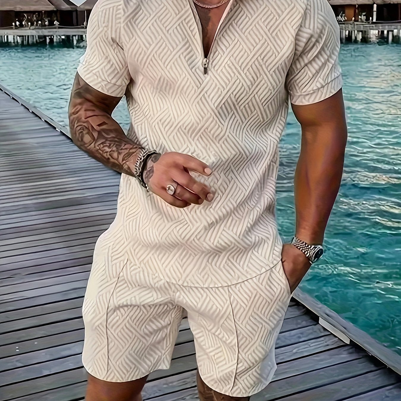 Men's Printed Shirt & Pants Set, Lapel Casual