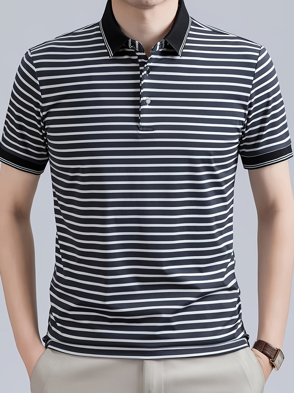 Men's Striped Polo Shirt, Short-Sleeve Lapel Collar