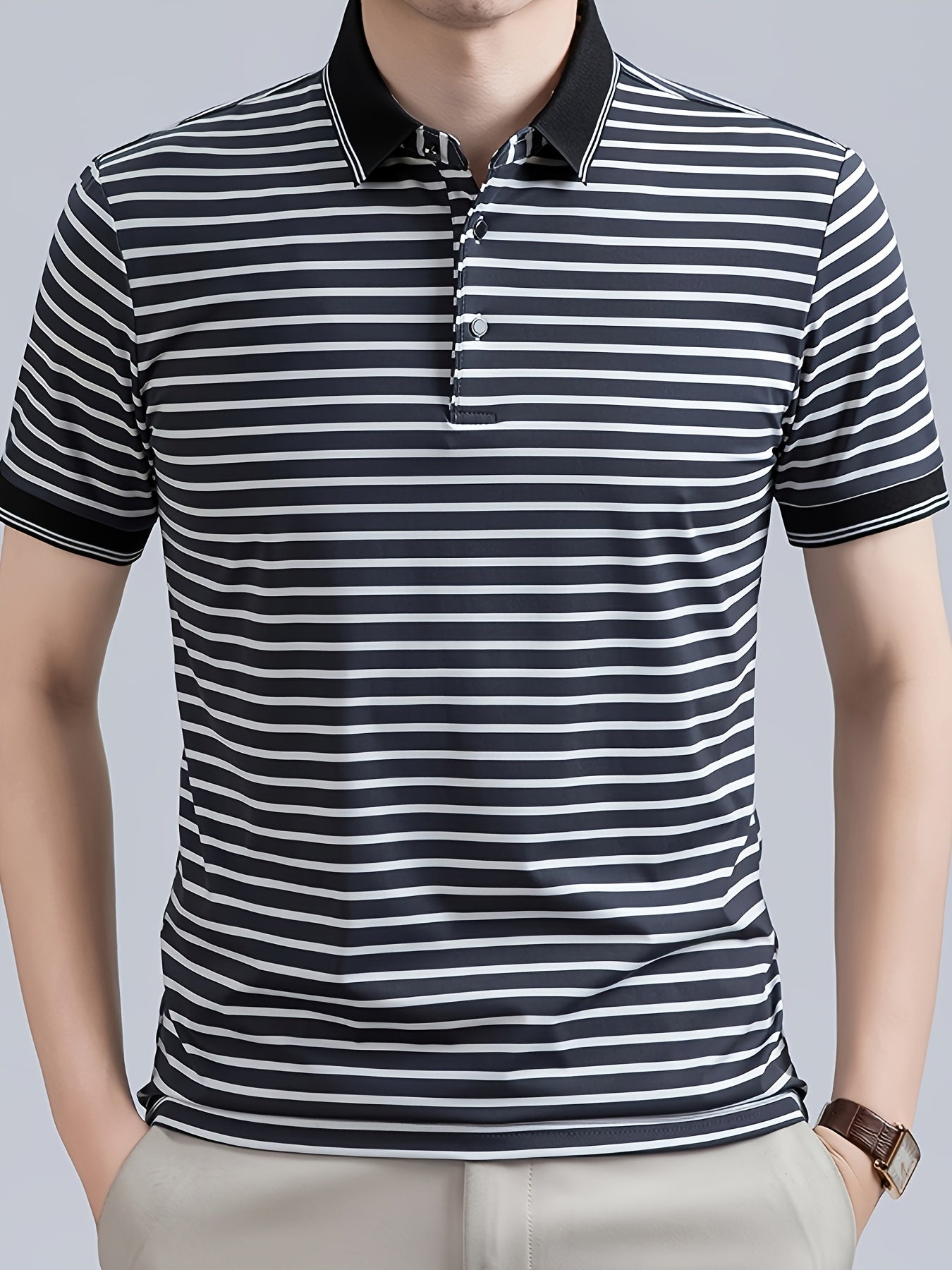 Men's Striped Polo Shirt, Short-Sleeve Lapel Collar