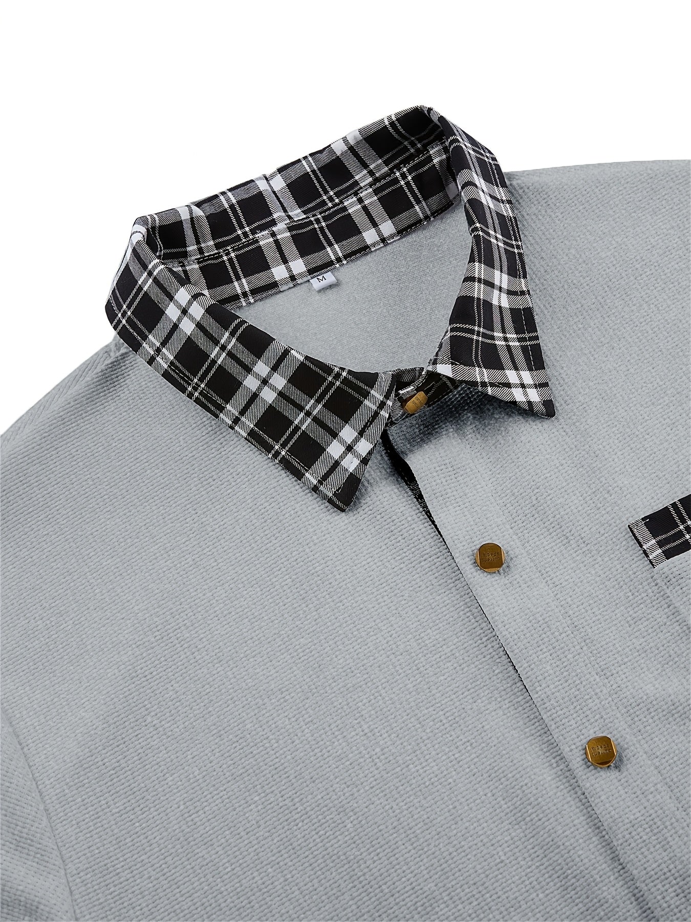 Men's Waffle-Knit Plaid Shirt, Patchwork, Long-Sleeve