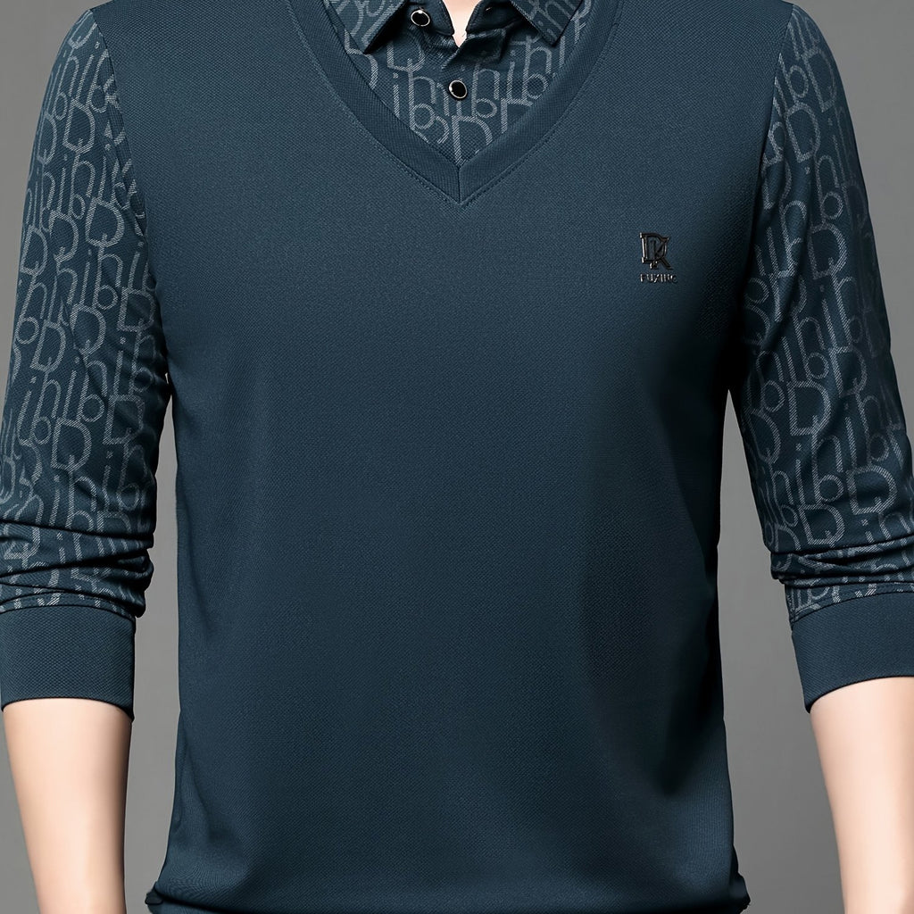 Men's Long-Sleeve Polo Shirt, Layered-Look Lapel