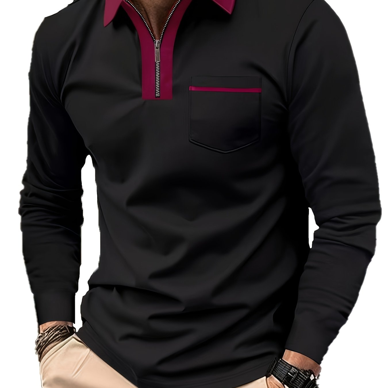 Men's Long-Sleeve Polo Shirt, Lapel Collar, Chest Pocket