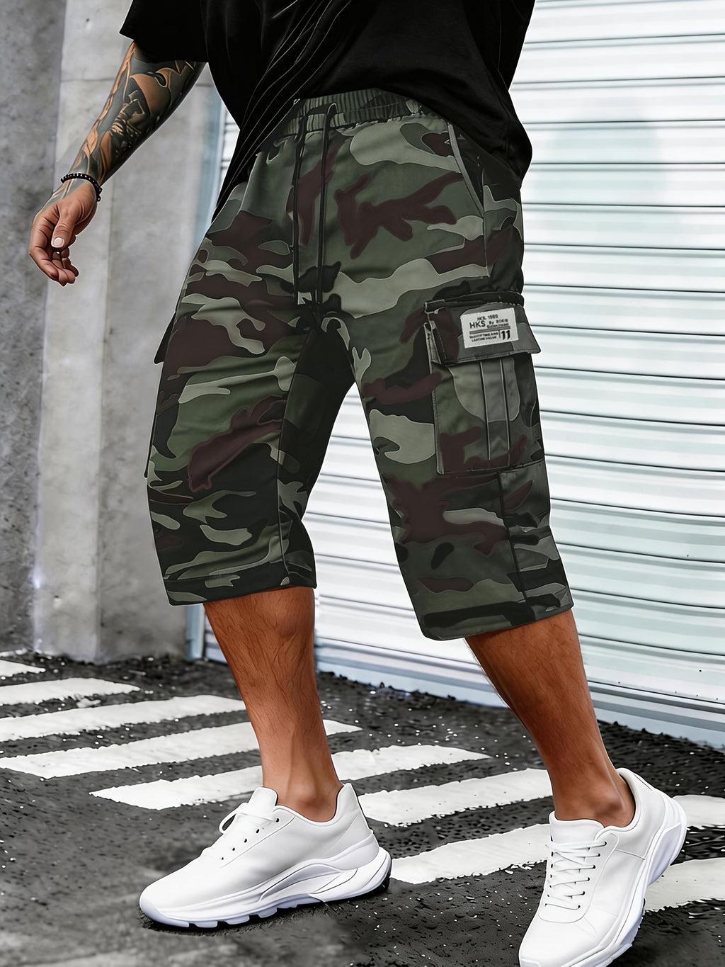 Men's Camo Cargo Capri Shorts, Multi-Pocket, Adjustable Waist