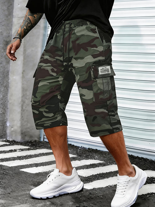 Men's Camo Cargo Capri Shorts, Multi-Pocket, Adjustable Waist