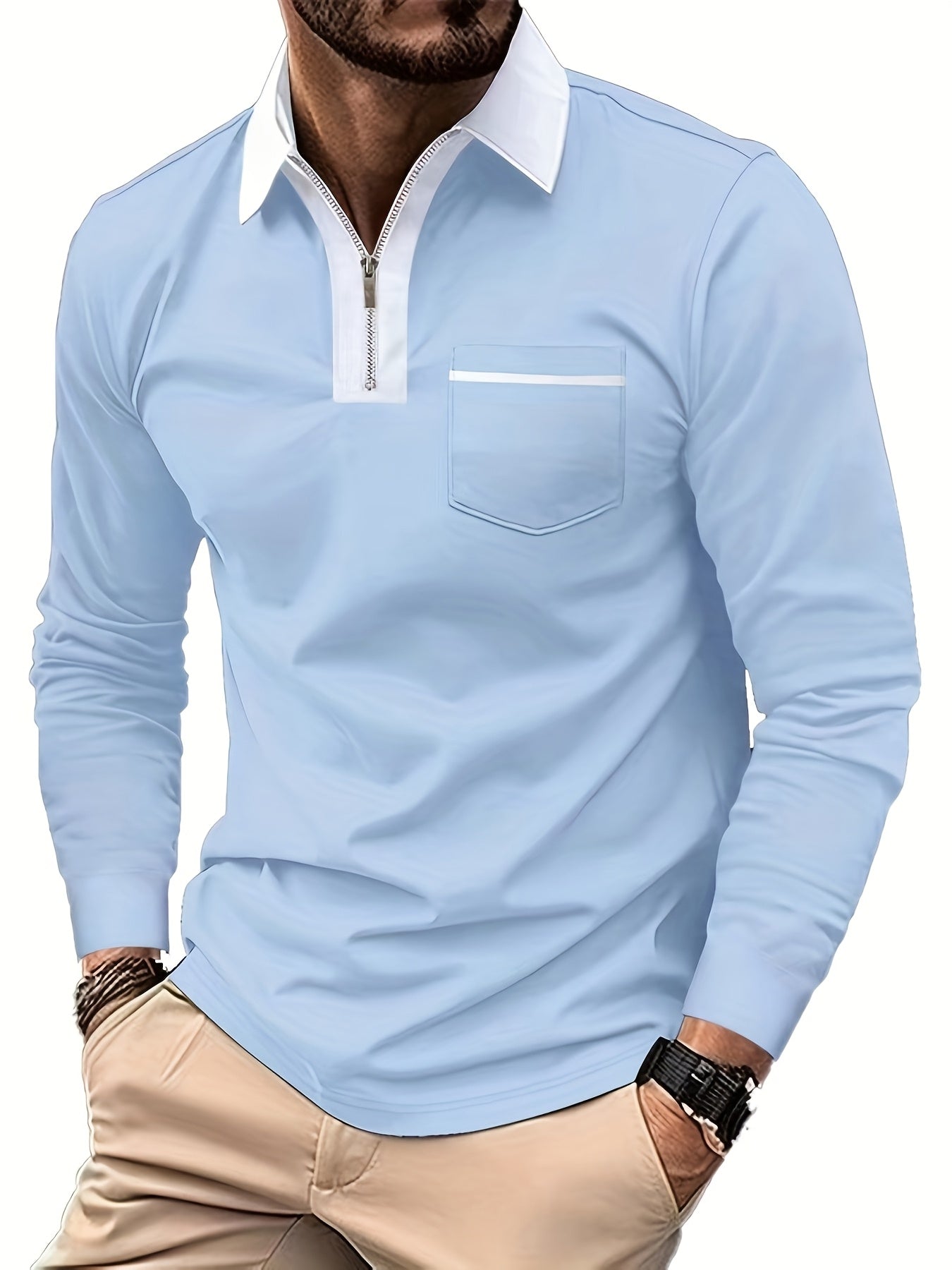 Men's Long-Sleeve Polo Shirt, Lapel Collar, Chest Pocket