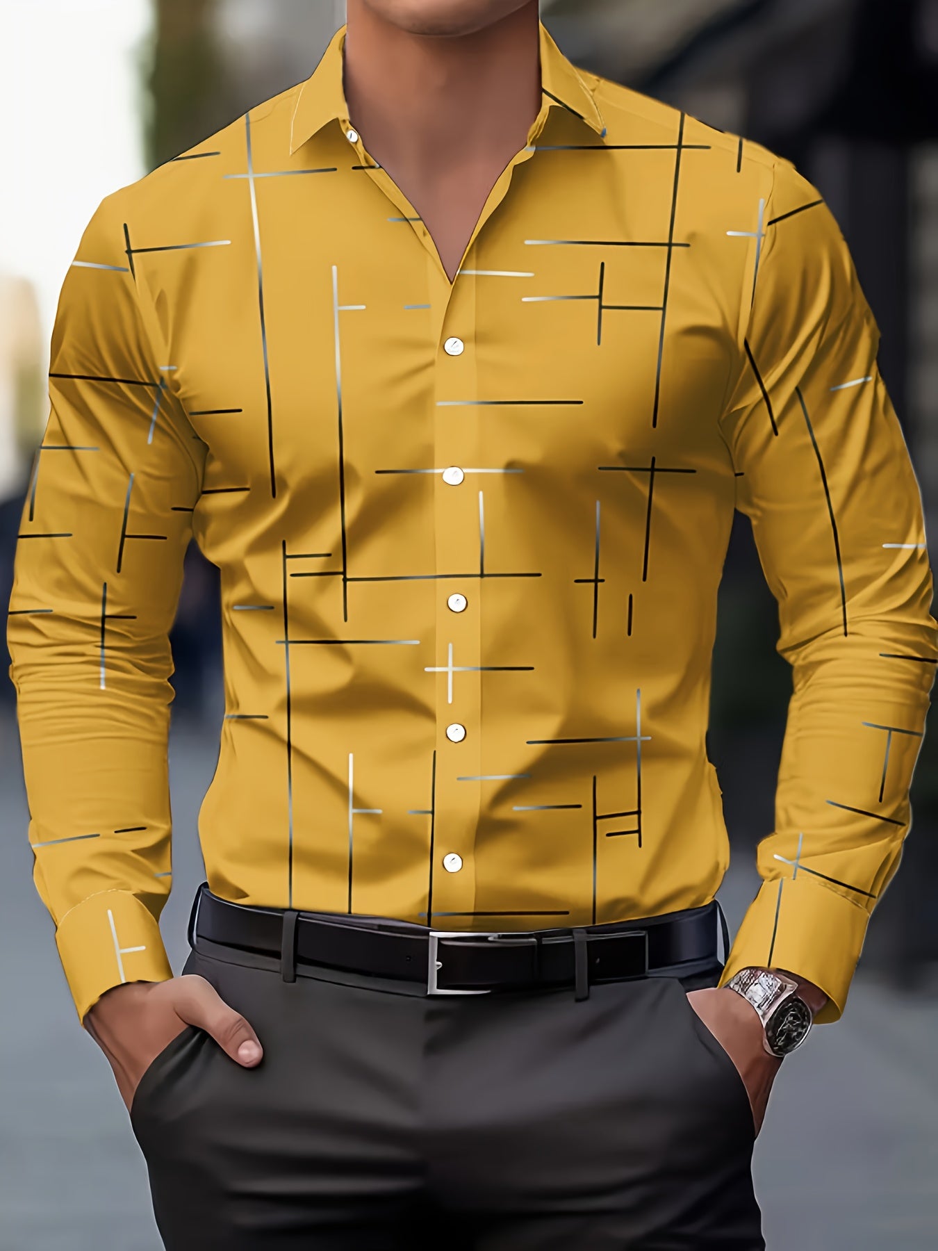 Men's Long-Sleeve Shirt, Geometric Print, Button-Up