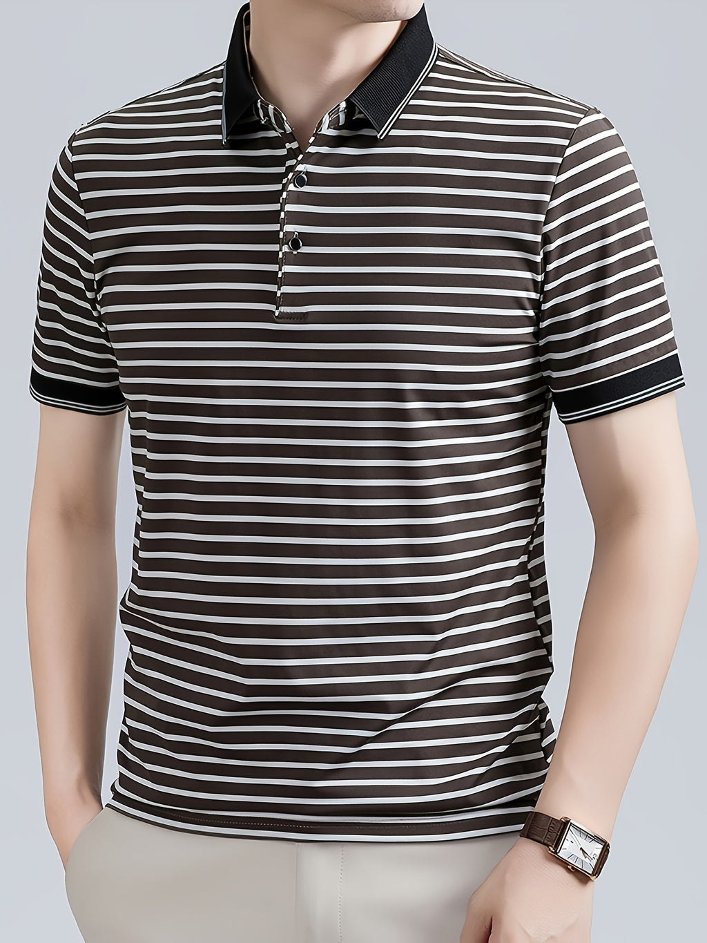 Men's Striped Polo Shirt, Short-Sleeve Lapel Collar