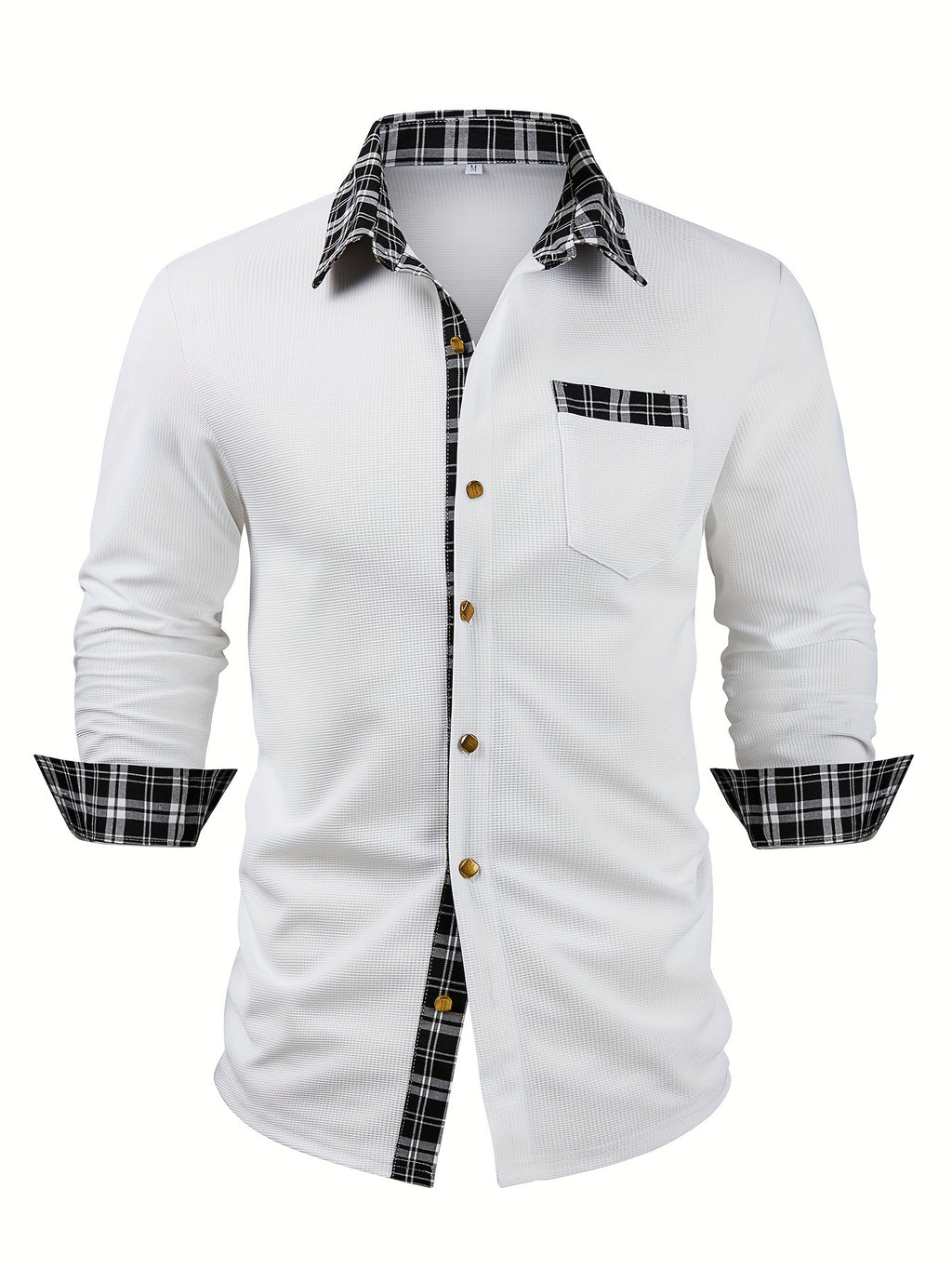 Men's Waffle-Knit Plaid Shirt, Patchwork, Long-Sleeve