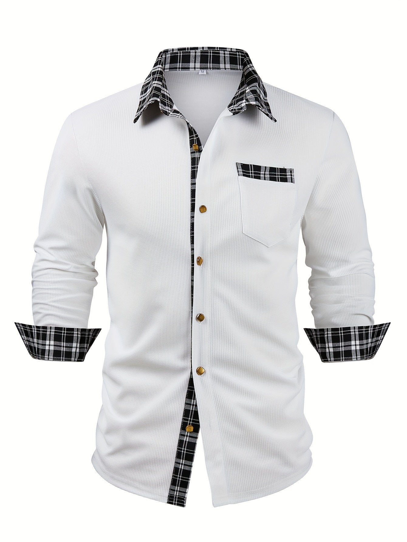 Men's Waffle-Knit Plaid Shirt, Patchwork, Long-Sleeve