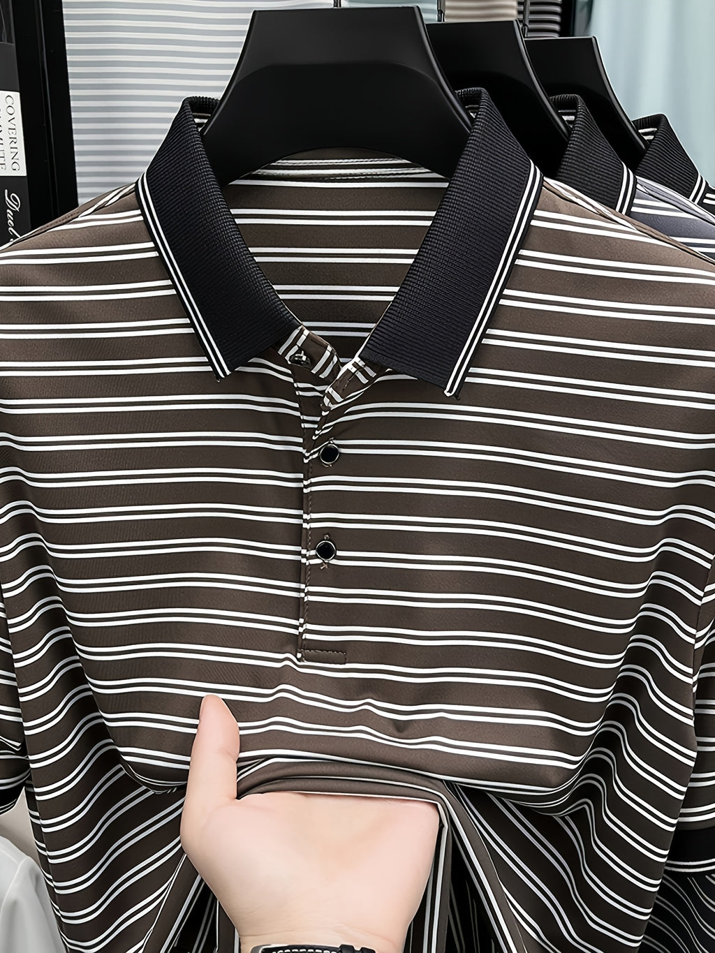 Men's Striped Lapel Polo Shirt, Contrast Short-Sleeve