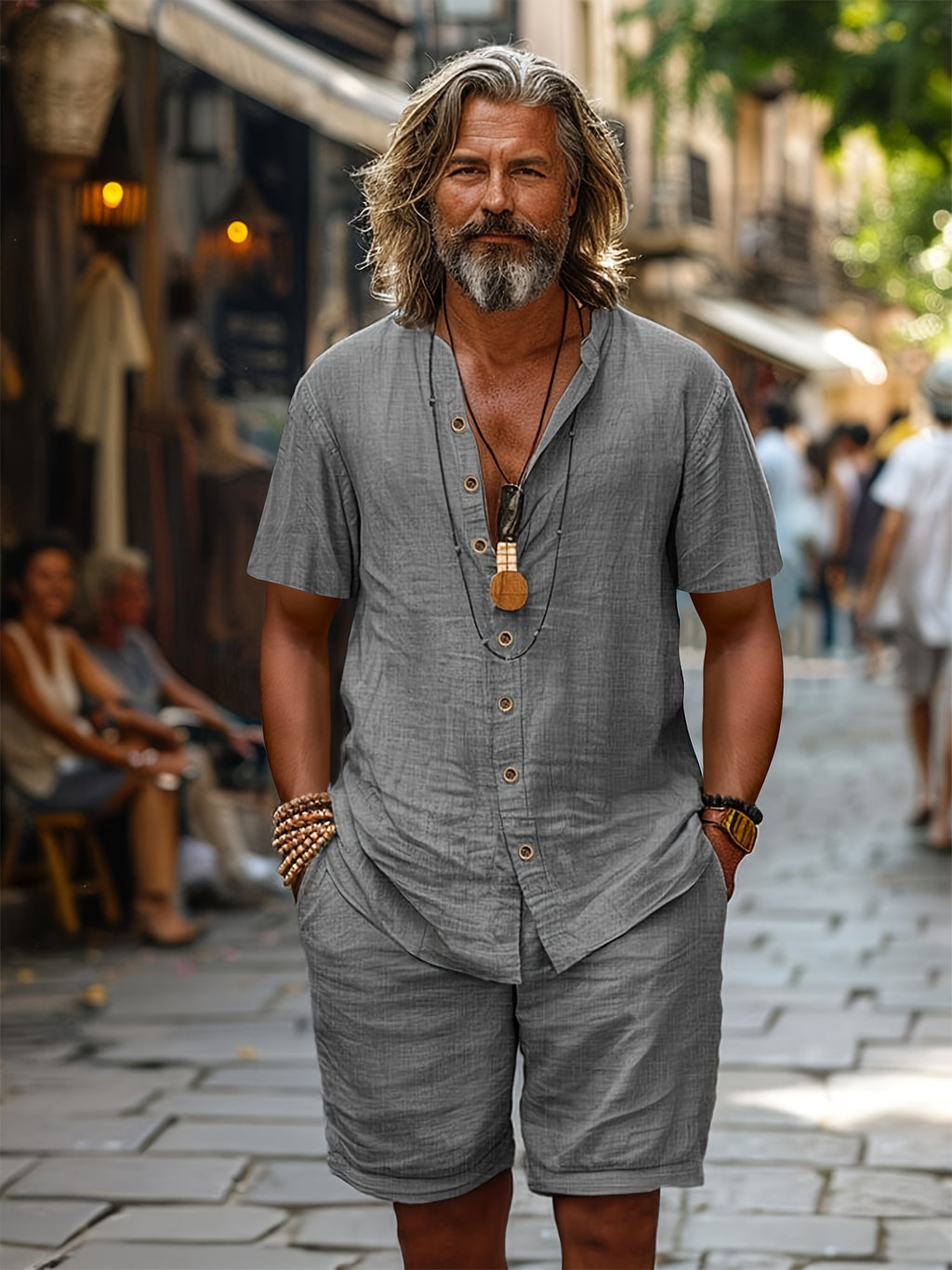 Men's Cardigan Shirt & Shorts Set, Short-Sleeve