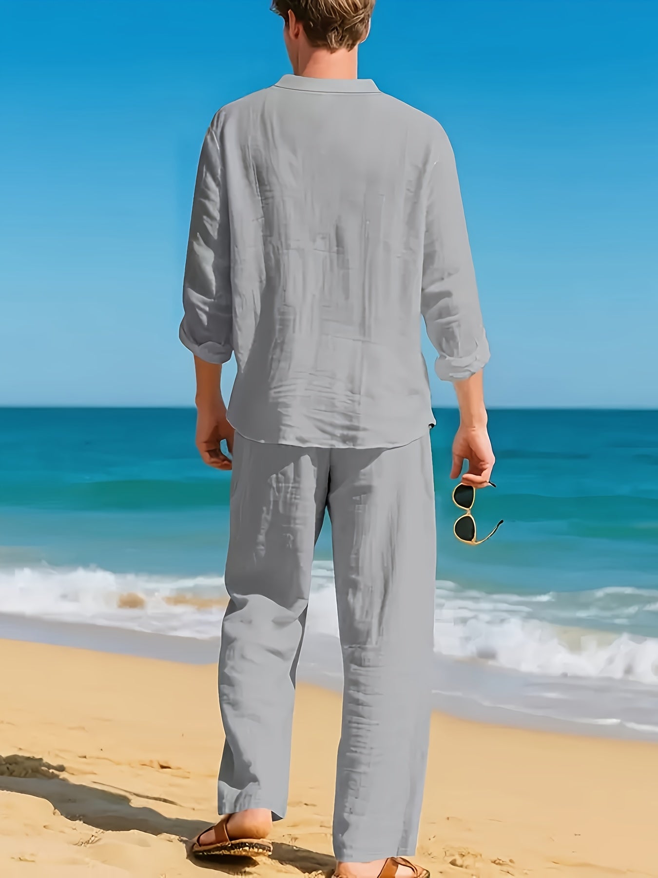 Men's Linen Shirt & Pants Set, V-Neck Long-Sleeve