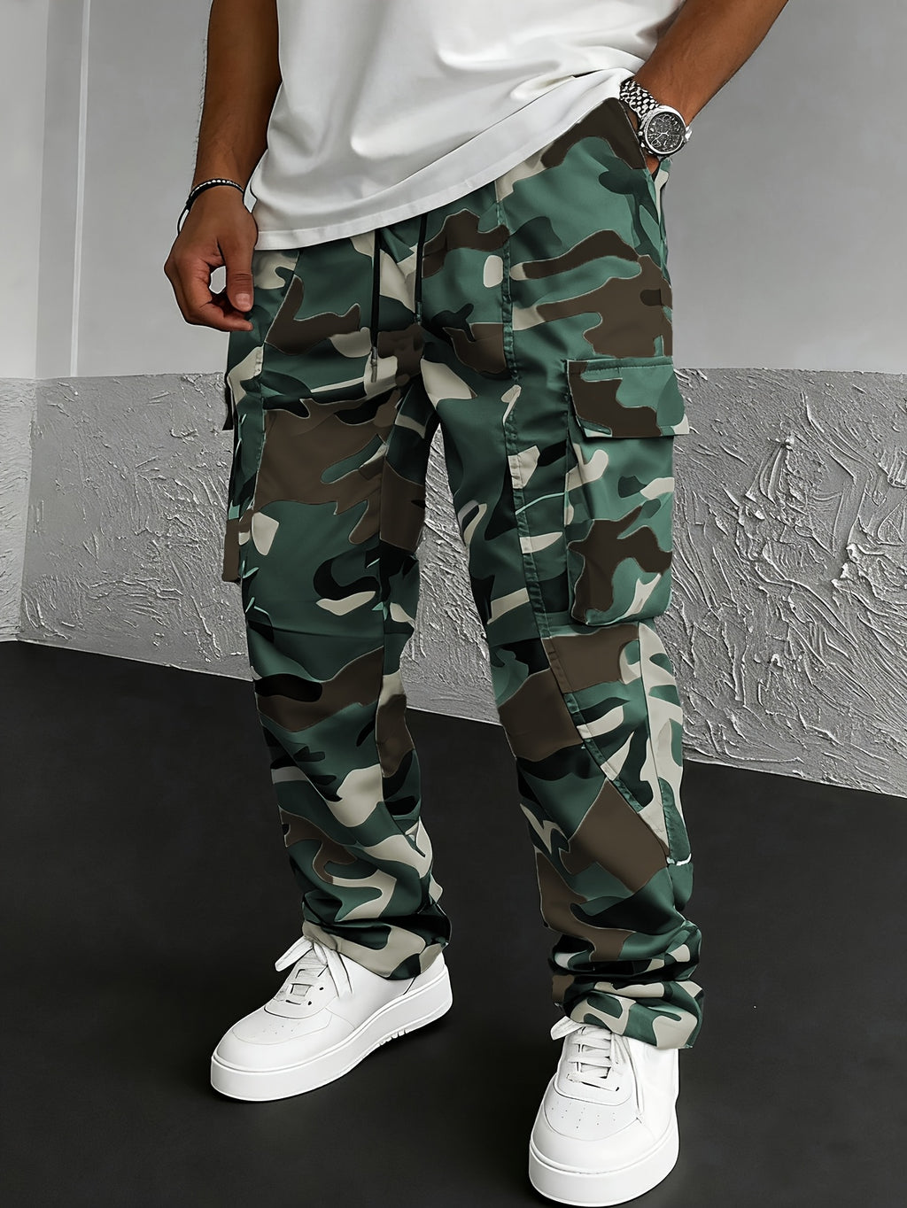 Men's Camo Cargo Pants, Flap Pockets, Drawstring Waist